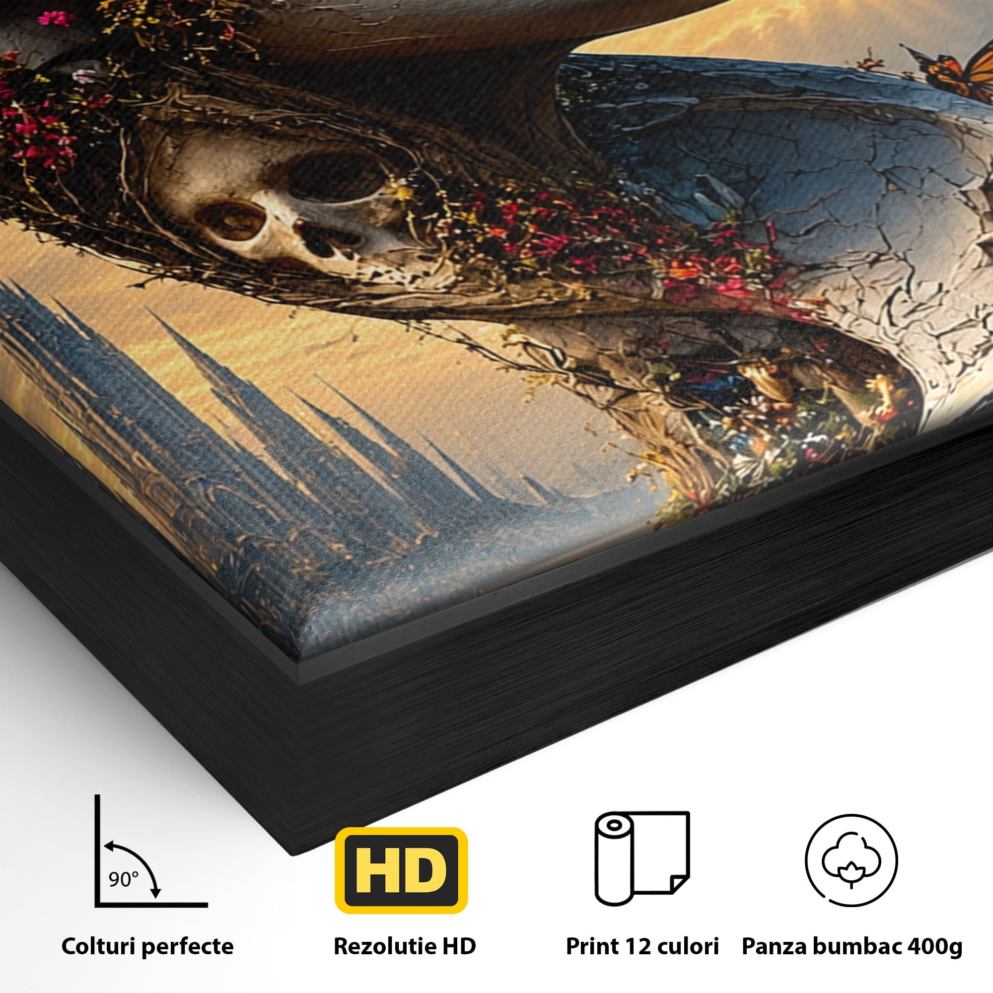 Tablou Canvas Premium LuxCanva® U1093, Chipul Naturii Metamorfozate, Craniu, Fluturi, Fantezie, Chip, Living, Culori Vibrante