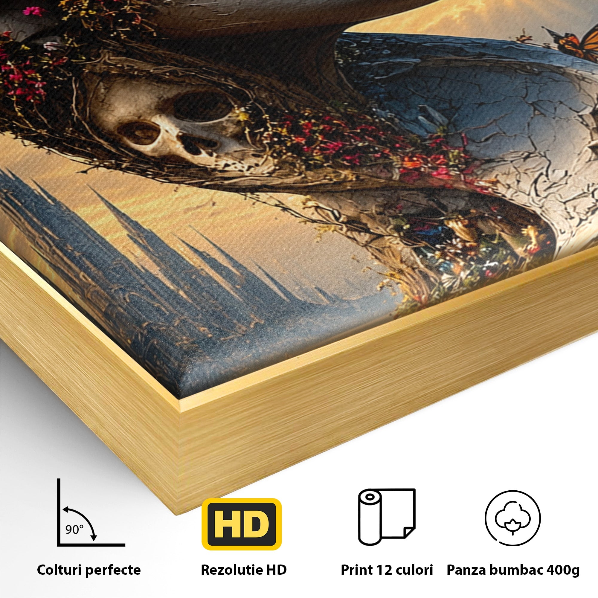 Tablou Canvas Premium LuxCanva® U1093, Chipul Naturii Metamorfozate, Craniu, Fluturi, Fantezie, Chip, Living, Culori Vibrante