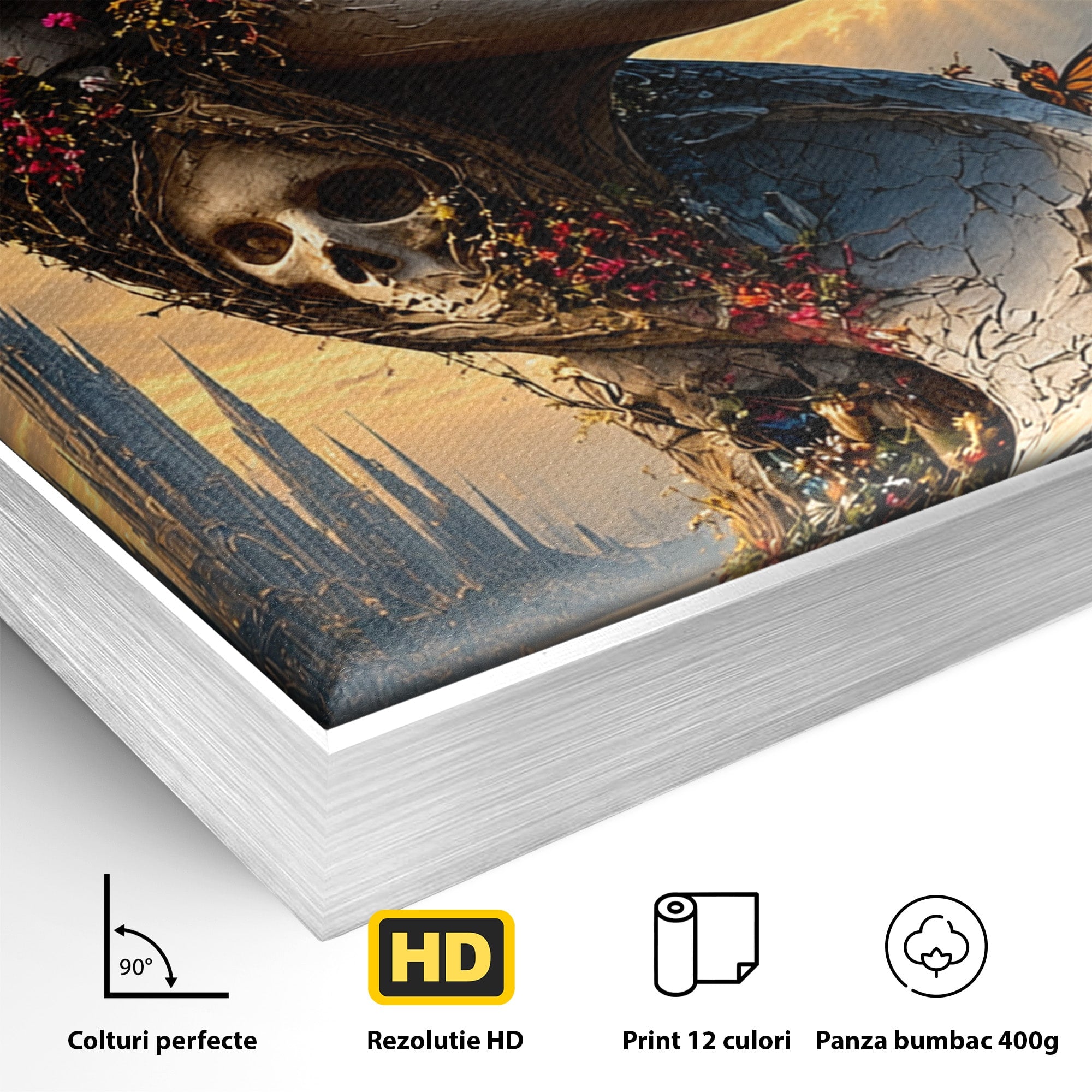 Tablou Canvas Premium LuxCanva® U1093, Chipul Naturii Metamorfozate, Craniu, Fluturi, Fantezie, Chip, Living, Culori Vibrante