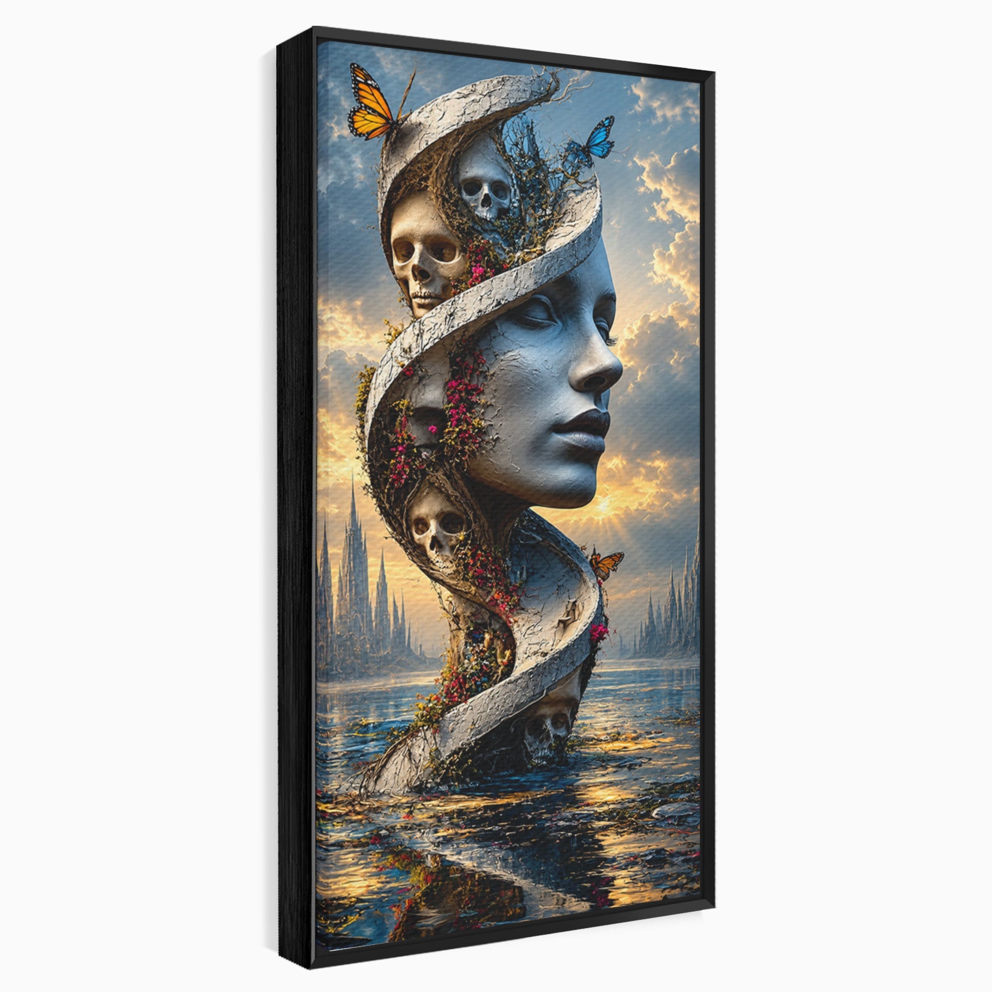 Tablou Canvas Premium LuxCanva® U1093, Chipul Naturii Metamorfozate, Craniu, Fluturi, Fantezie, Chip, Living, Culori Vibrante
