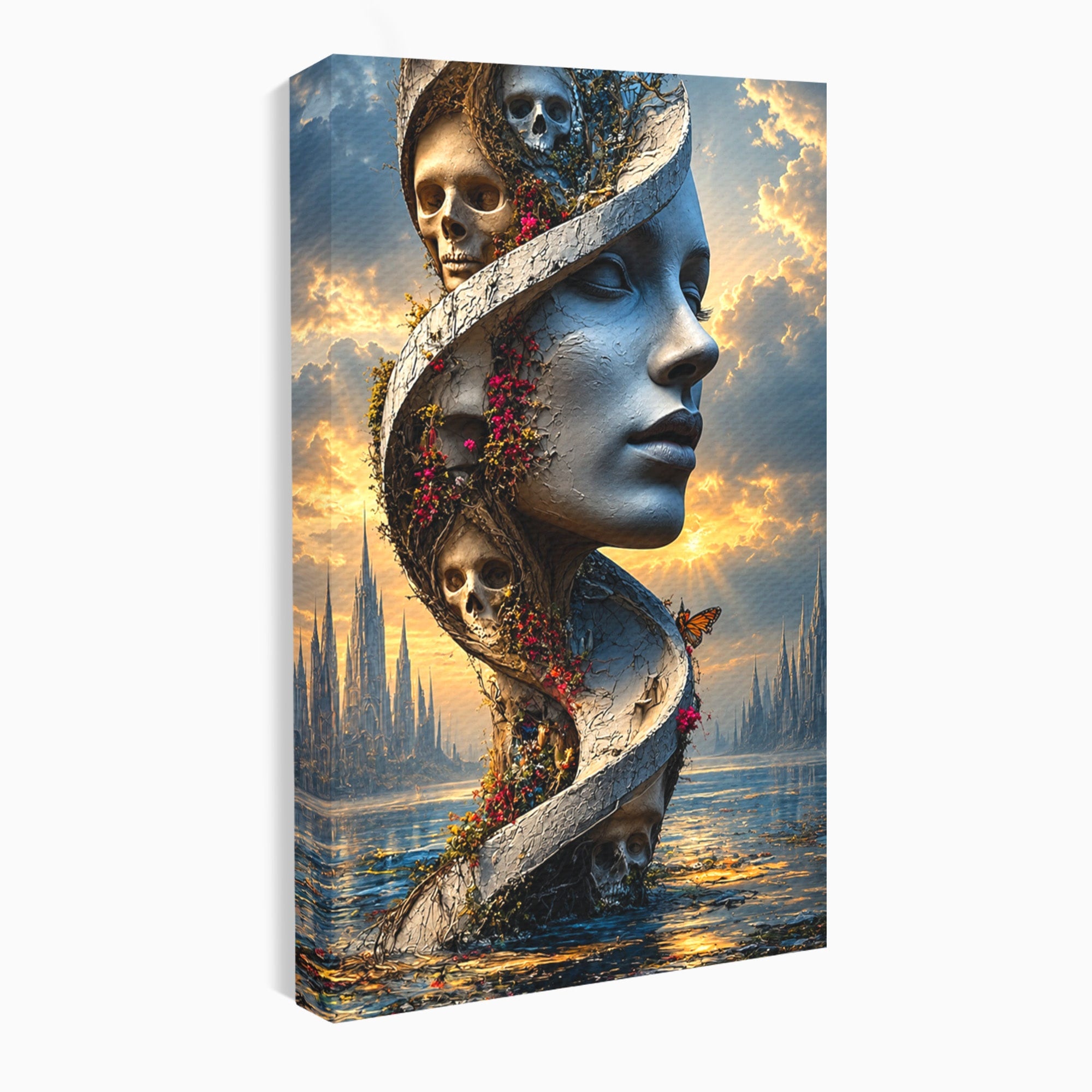 Tablou Canvas Premium LuxCanva® U1093, Chipul Naturii Metamorfozate, Craniu, Fluturi, Fantezie, Chip, Living, Culori Vibrante