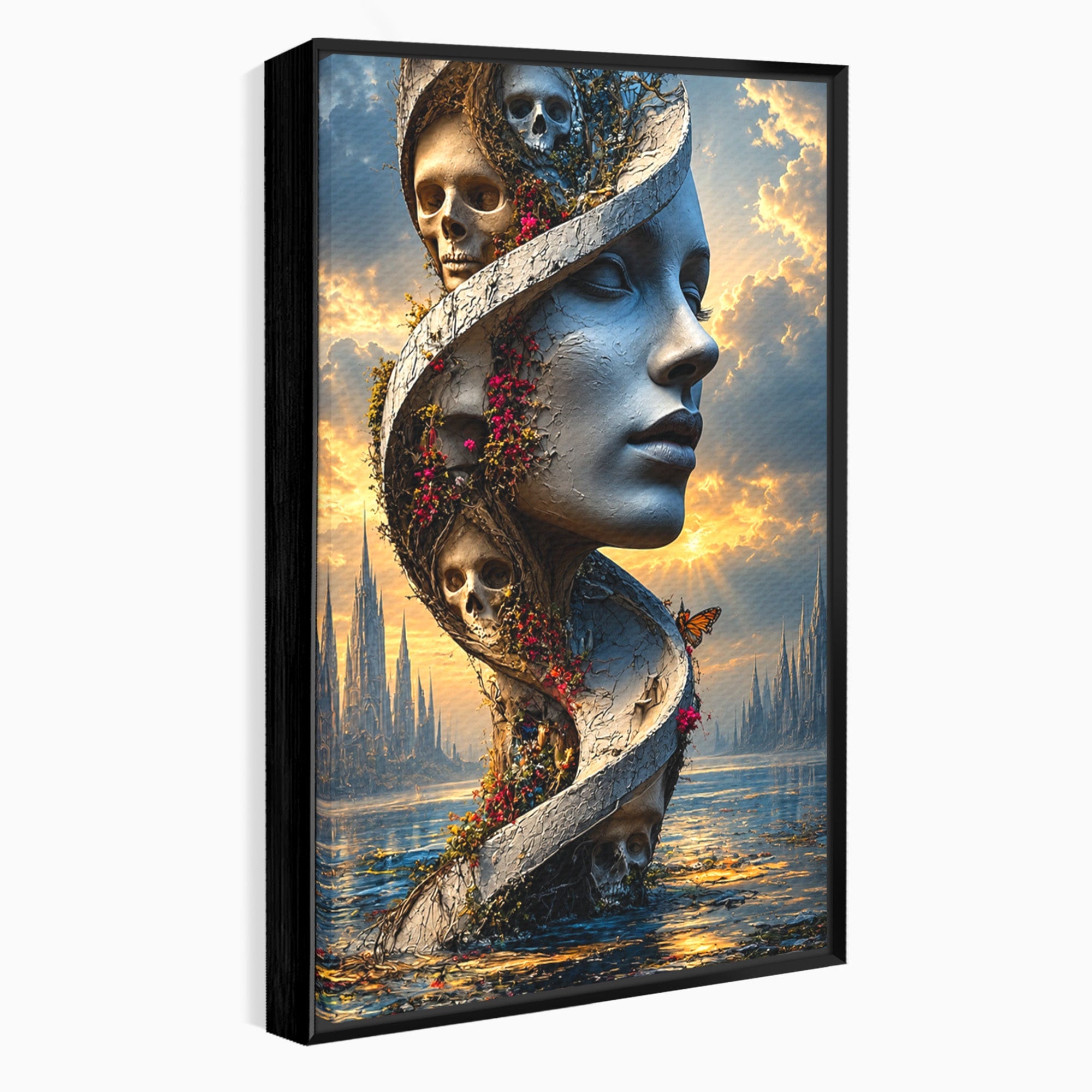 Tablou Canvas Premium LuxCanva® U1093, Chipul Naturii Metamorfozate, Craniu, Fluturi, Fantezie, Chip, Living, Culori Vibrante