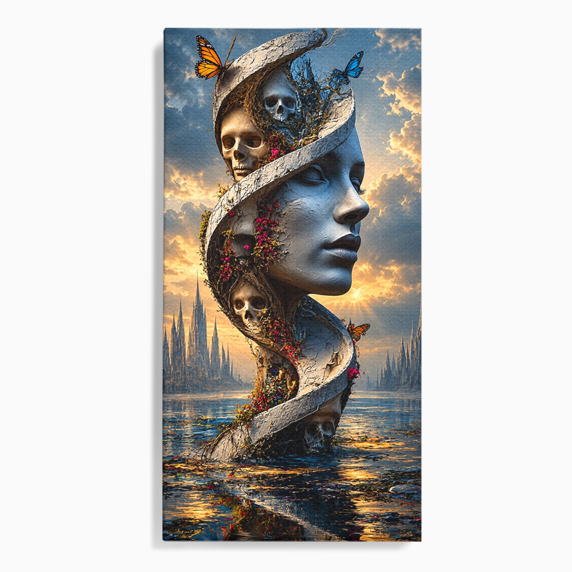 Tablou Canvas Premium LuxCanva® U1093, Chipul Naturii Metamorfozate, Craniu, Fluturi, Fantezie, Chip, Living, Culori Vibrante