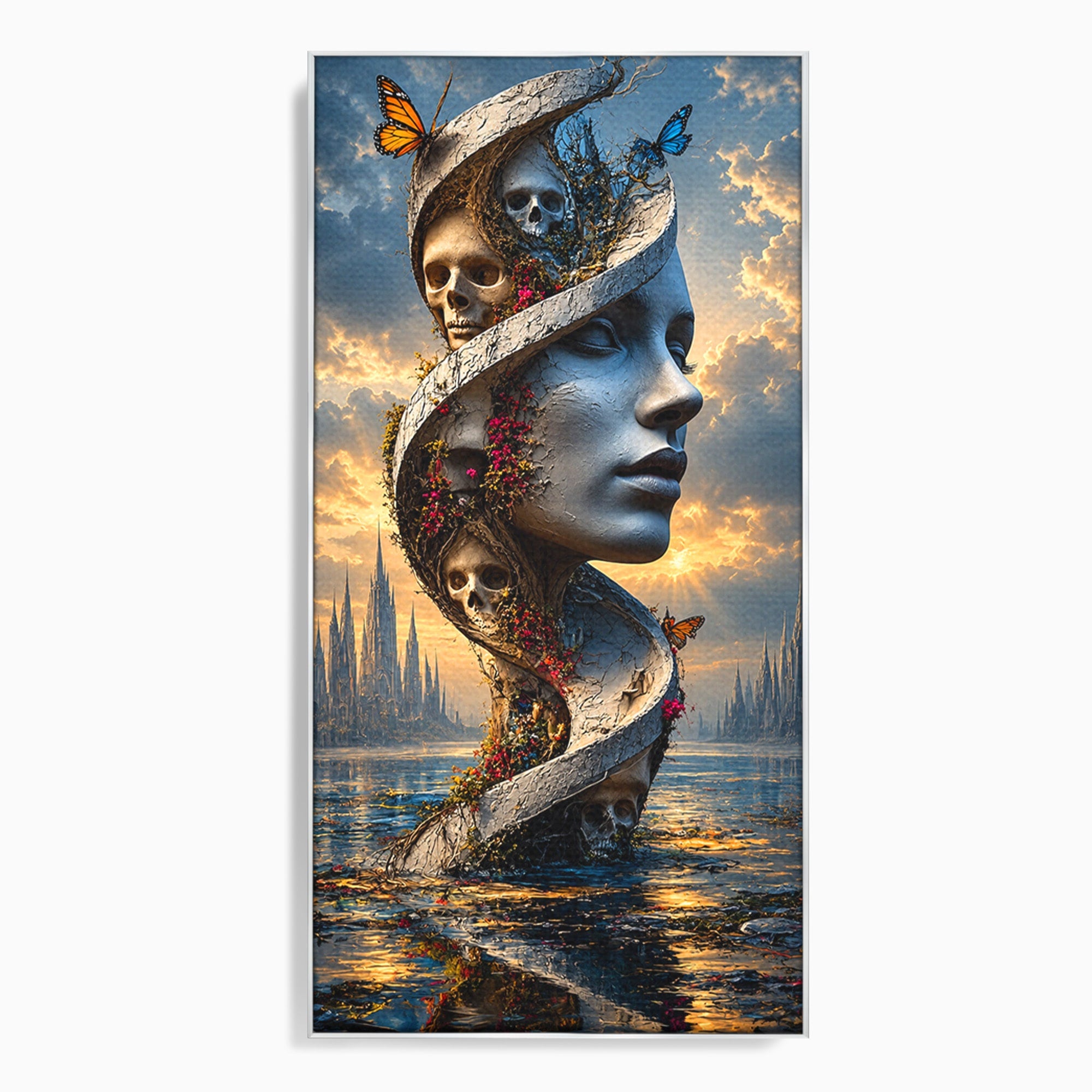 Tablou Canvas Premium LuxCanva® U1093, Chipul Naturii Metamorfozate, Craniu, Fluturi, Fantezie, Chip, Living, Culori Vibrante