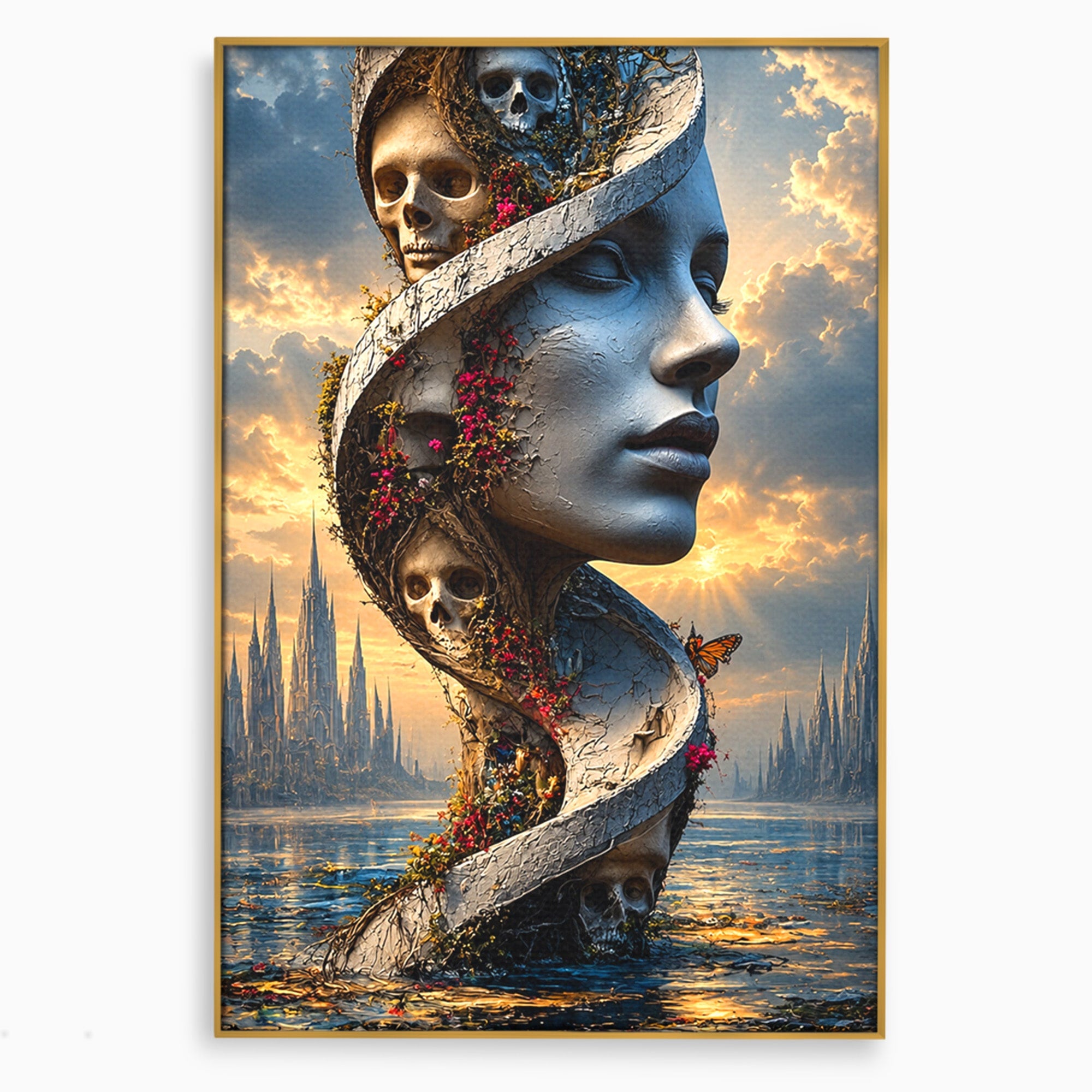 Tablou Canvas Premium LuxCanva® U1093, Chipul Naturii Metamorfozate, Craniu, Fluturi, Fantezie, Chip, Living, Culori Vibrante