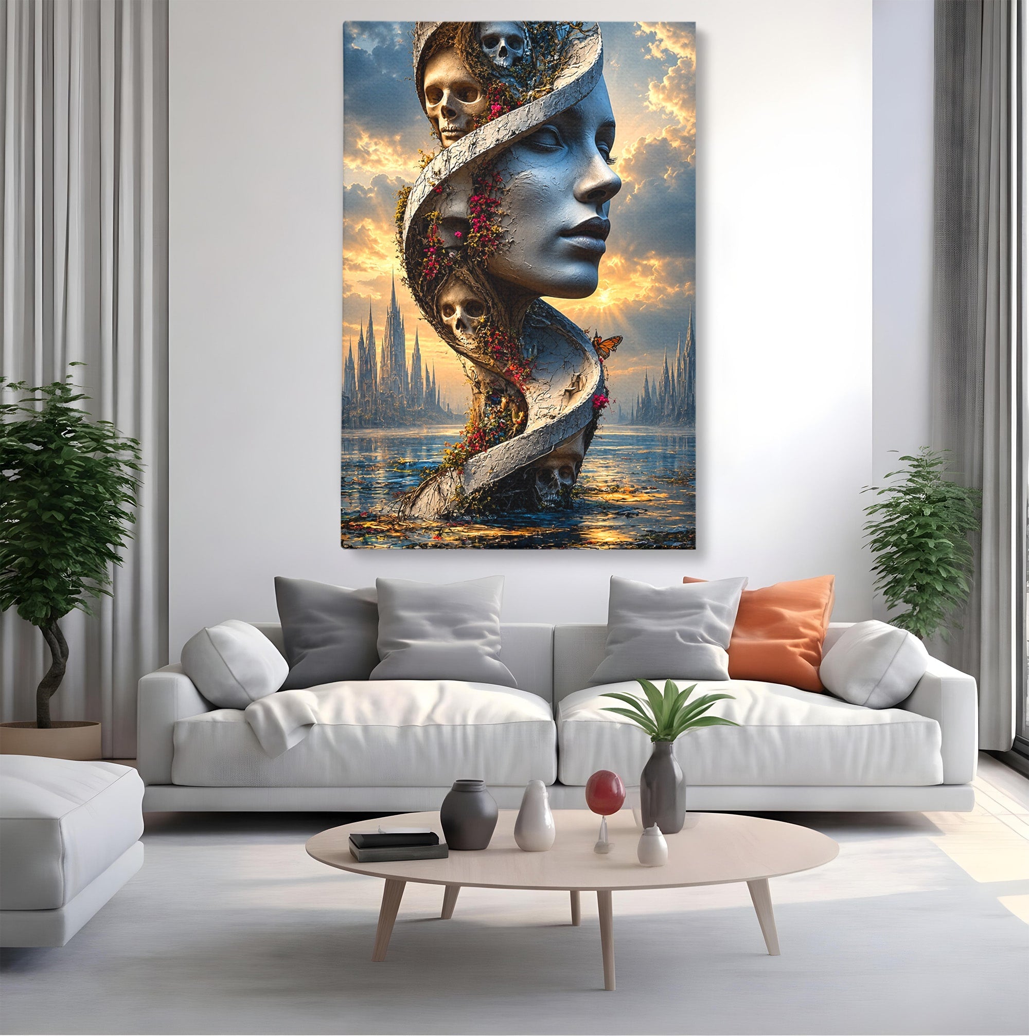 Tablou Canvas Premium LuxCanva® U1093, Chipul Naturii Metamorfozate, Craniu, Fluturi, Fantezie, Chip, Living, Culori Vibrante