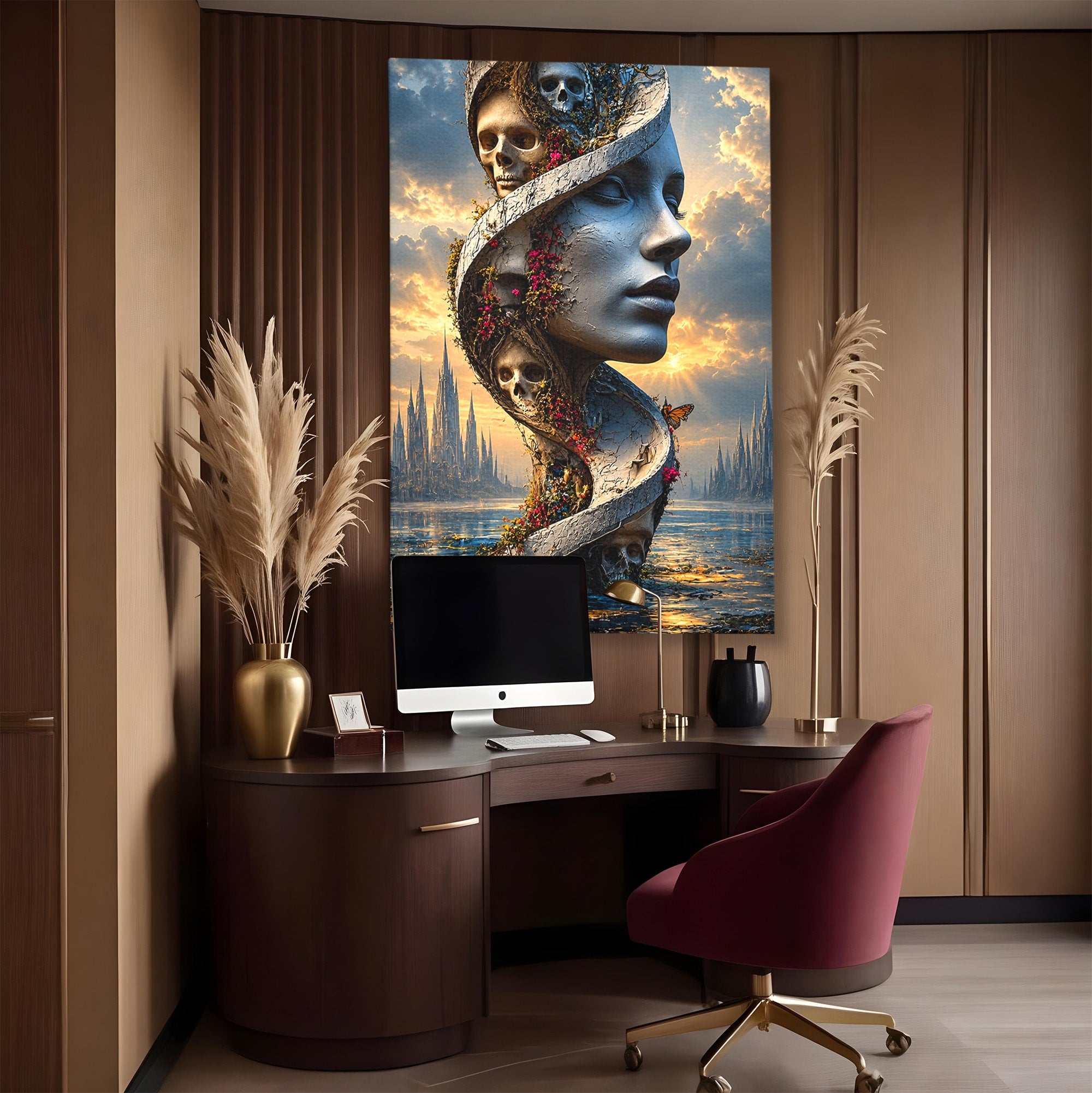 Tablou Canvas Premium LuxCanva® U1093, Chipul Naturii Metamorfozate, Craniu, Fluturi, Fantezie, Chip, Living, Culori Vibrante