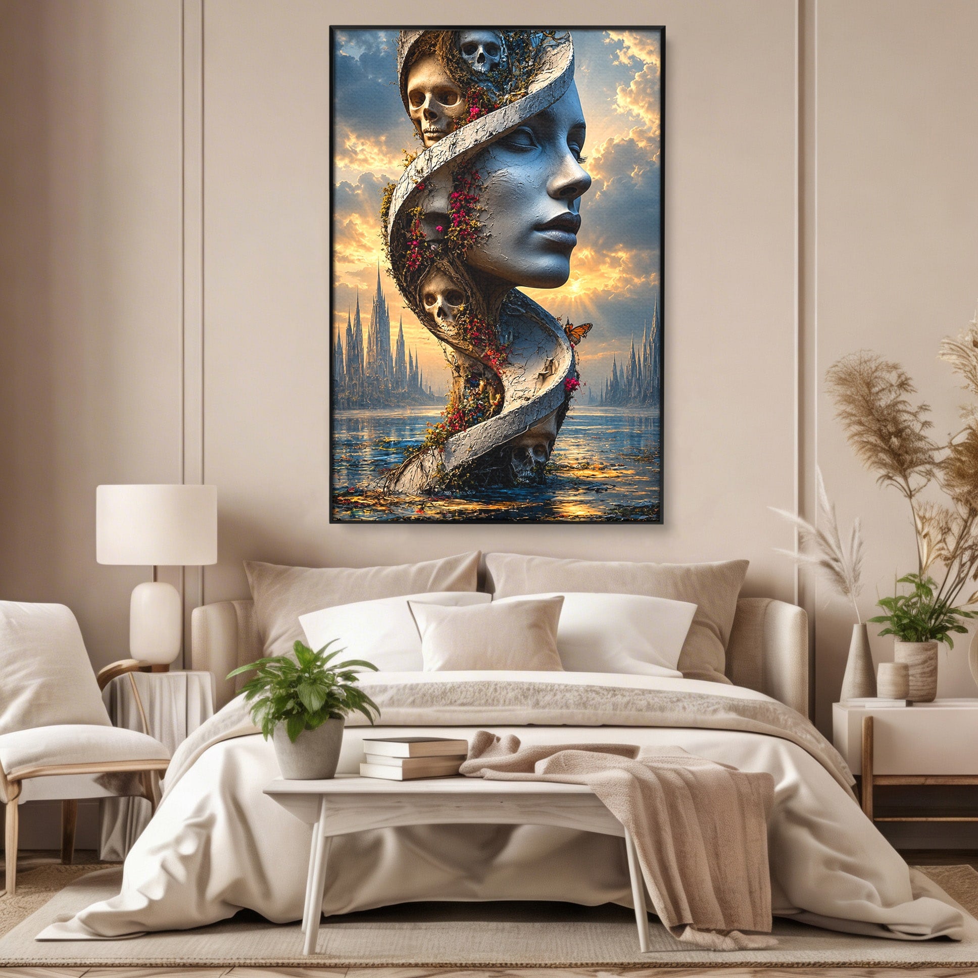 Tablou Canvas Premium LuxCanva® U1093, Chipul Naturii Metamorfozate, Craniu, Fluturi, Fantezie, Chip, Living, Culori Vibrante