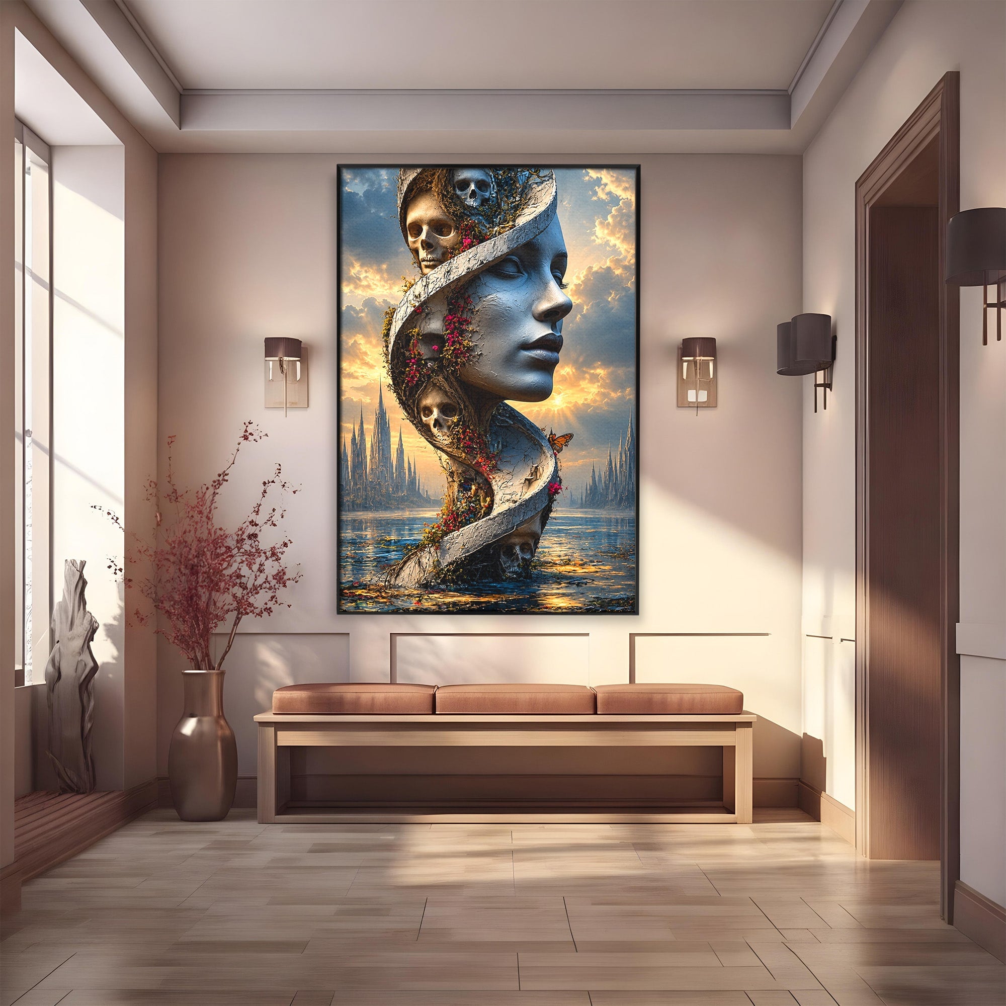 Tablou Canvas Premium LuxCanva® U1093, Chipul Naturii Metamorfozate, Craniu, Fluturi, Fantezie, Chip, Living, Culori Vibrante