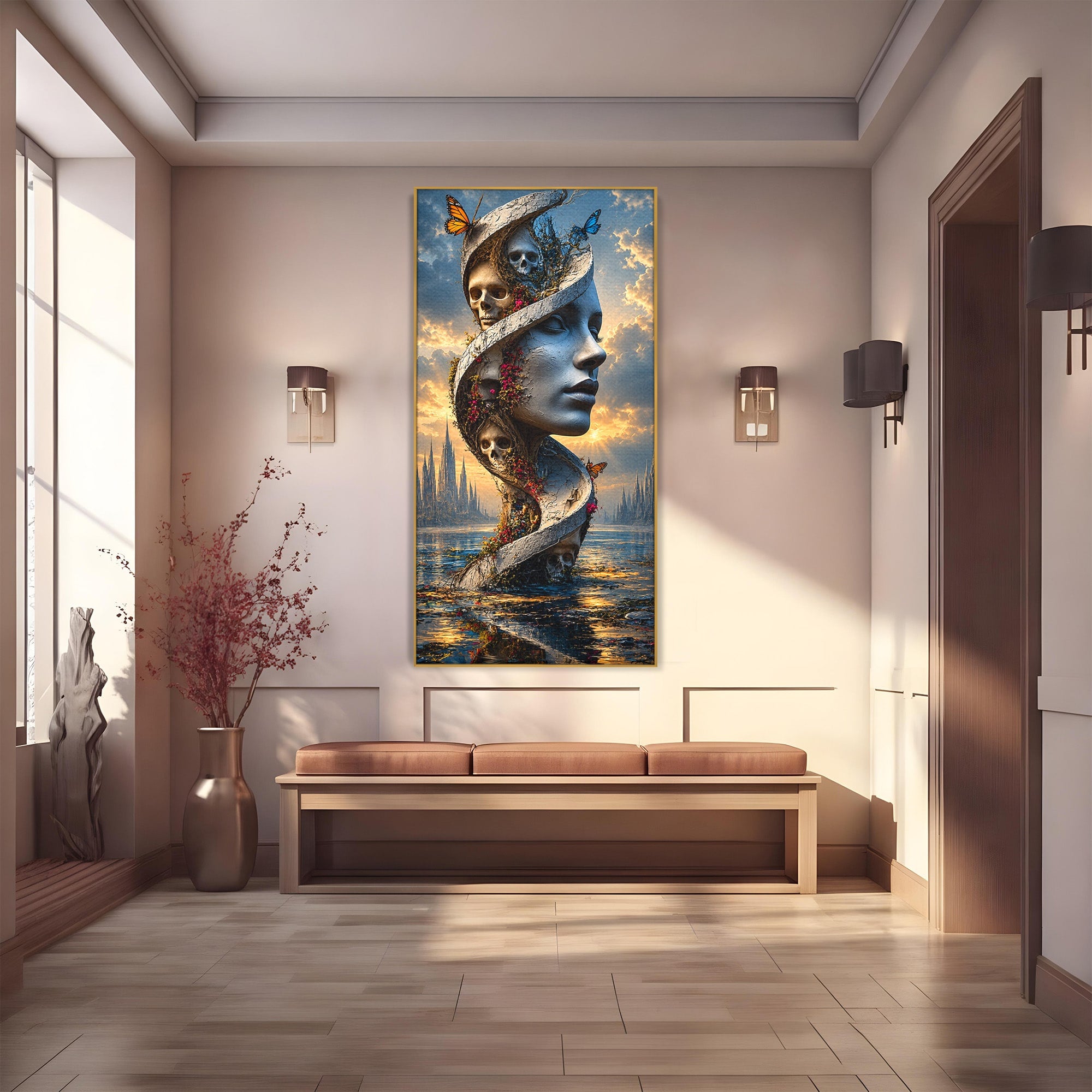 Tablou Canvas Premium LuxCanva® U1093, Chipul Naturii Metamorfozate, Craniu, Fluturi, Fantezie, Chip, Living, Culori Vibrante