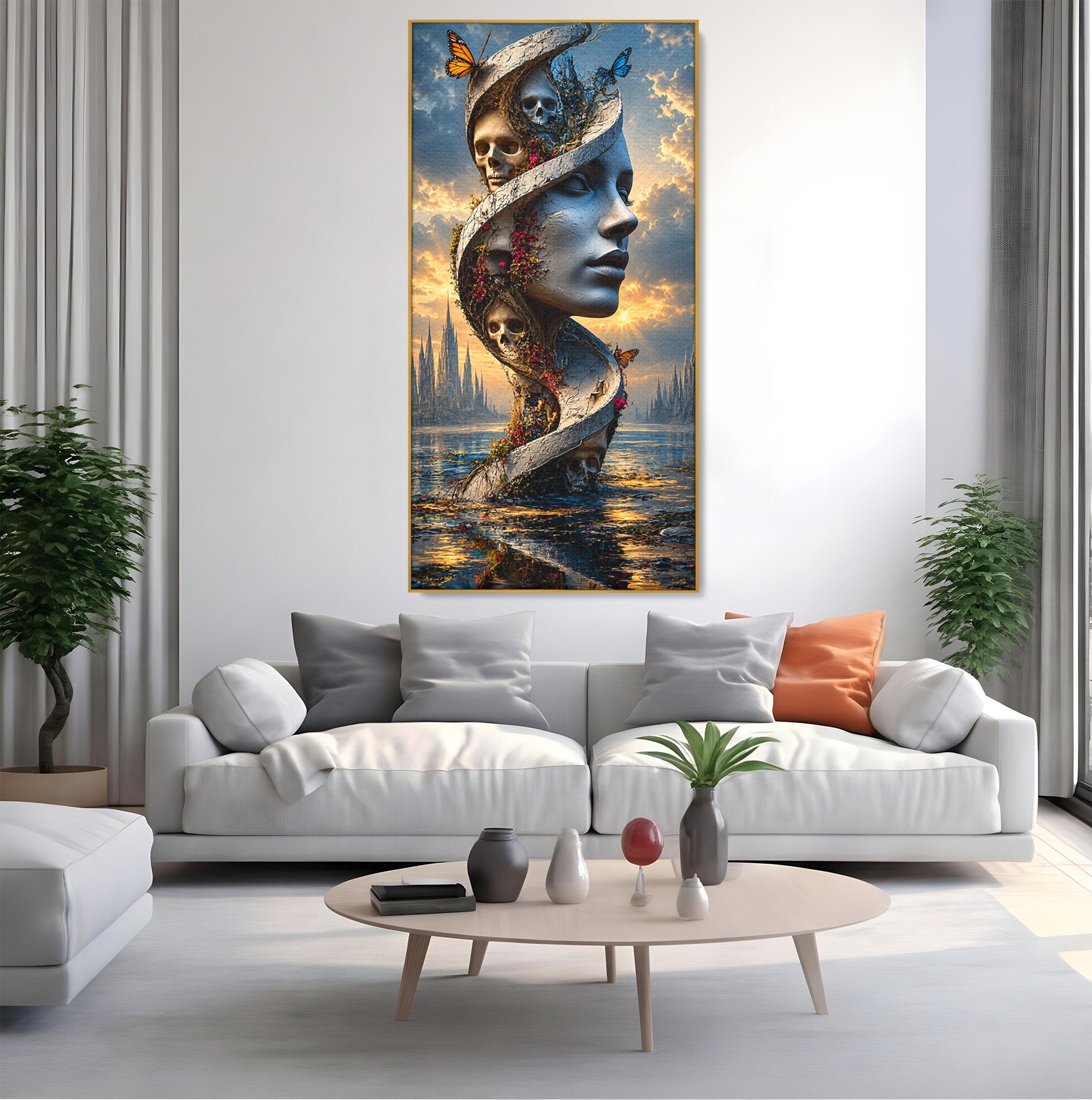 Tablou Canvas Premium LuxCanva® U1093, Chipul Naturii Metamorfozate, Craniu, Fluturi, Fantezie, Chip, Living, Culori Vibrante