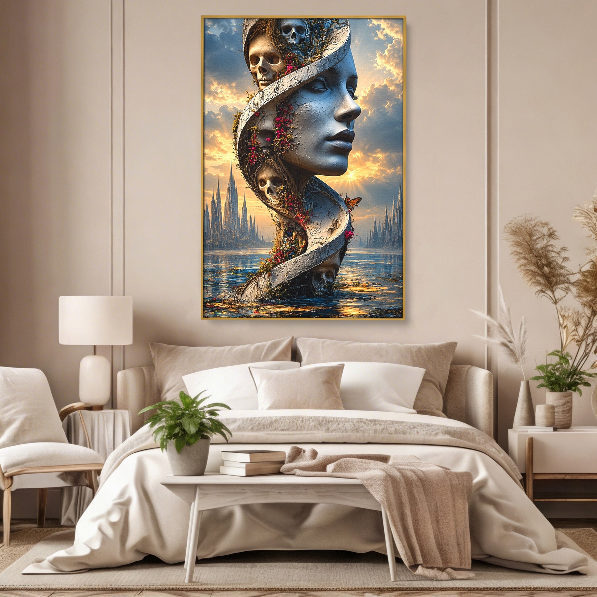 Tablou Canvas Premium LuxCanva® U1093, Chipul Naturii Metamorfozate, Craniu, Fluturi, Fantezie, Chip, Living, Culori Vibrante