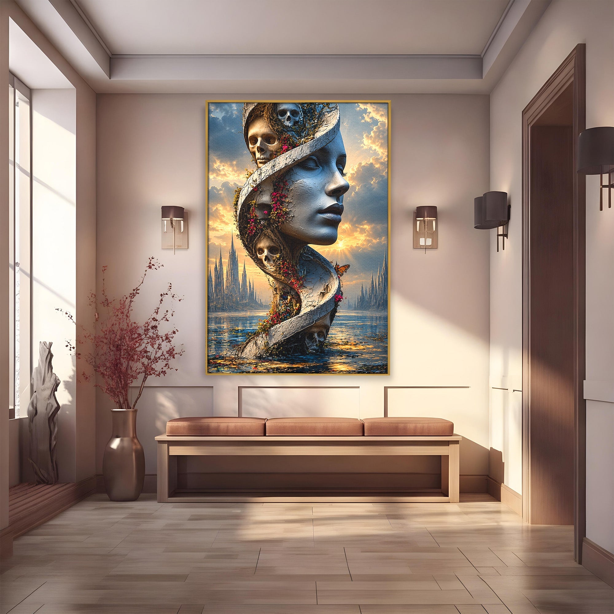 Tablou Canvas Premium LuxCanva® U1093, Chipul Naturii Metamorfozate, Craniu, Fluturi, Fantezie, Chip, Living, Culori Vibrante