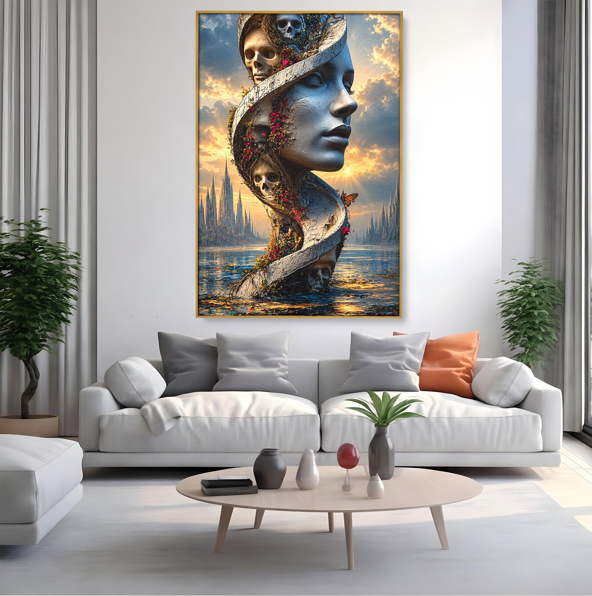 Tablou Canvas Premium LuxCanva® U1093, Chipul Naturii Metamorfozate, Craniu, Fluturi, Fantezie, Chip, Living, Culori Vibrante