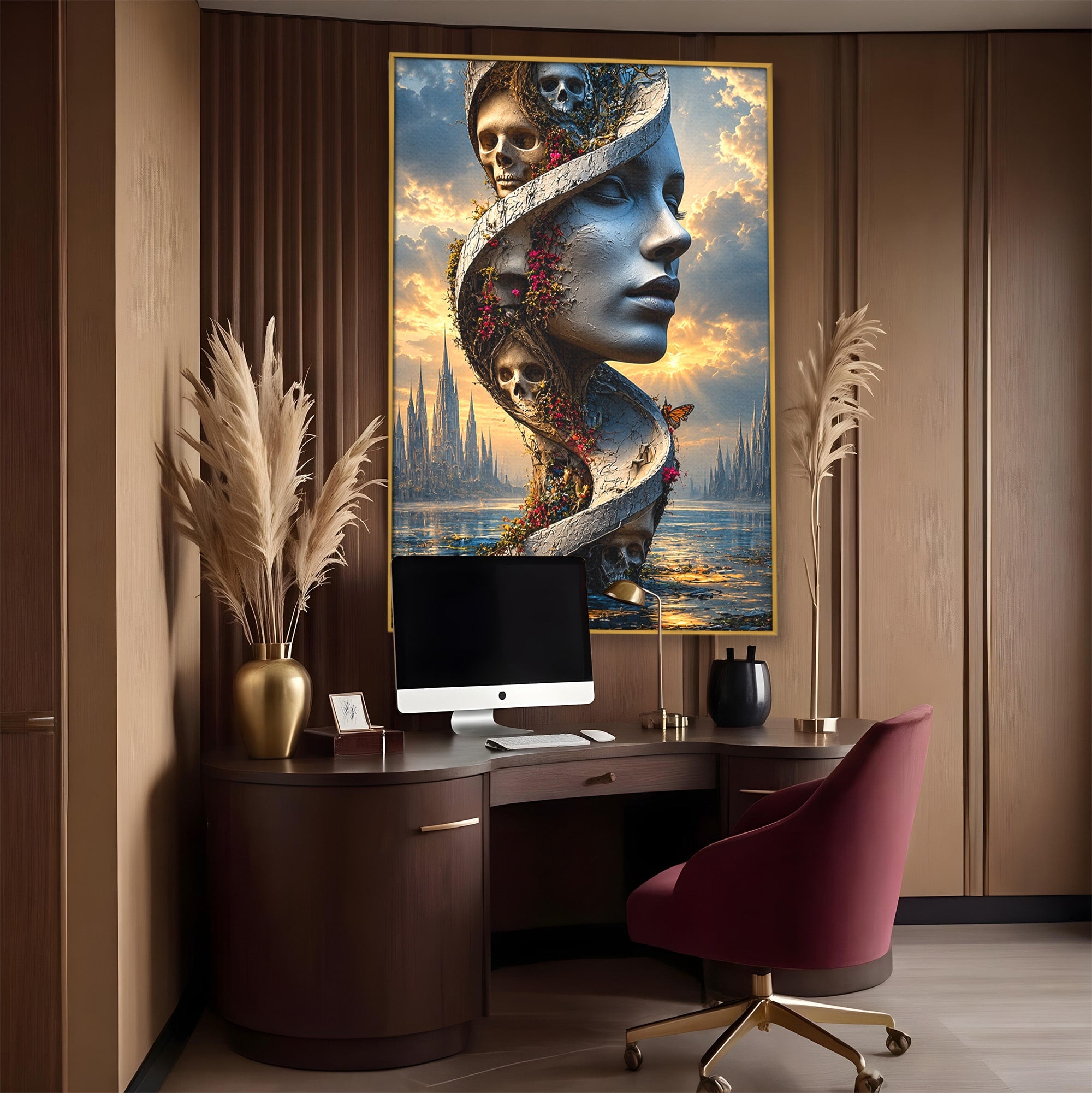 Tablou Canvas Premium LuxCanva® U1093, Chipul Naturii Metamorfozate, Craniu, Fluturi, Fantezie, Chip, Living, Culori Vibrante