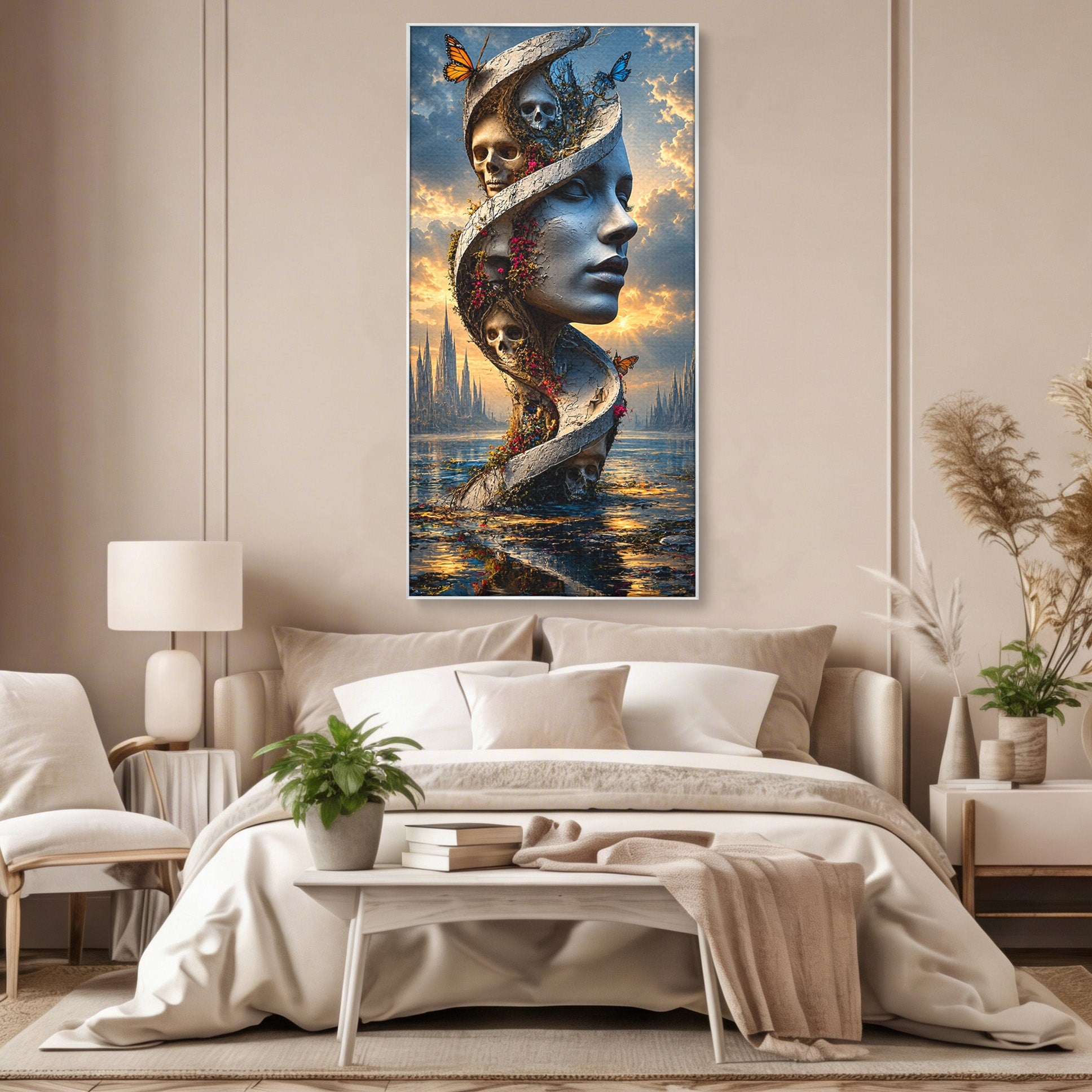 Tablou Canvas Premium LuxCanva® U1093, Chipul Naturii Metamorfozate, Craniu, Fluturi, Fantezie, Chip, Living, Culori Vibrante