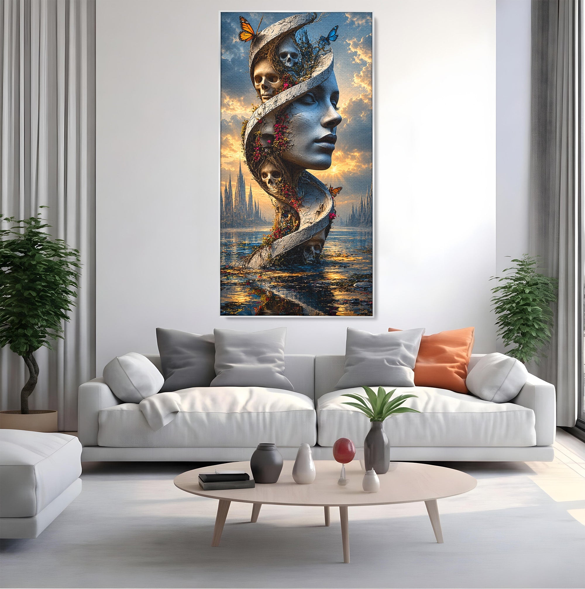 Tablou Canvas Premium LuxCanva® U1093, Chipul Naturii Metamorfozate, Craniu, Fluturi, Fantezie, Chip, Living, Culori Vibrante