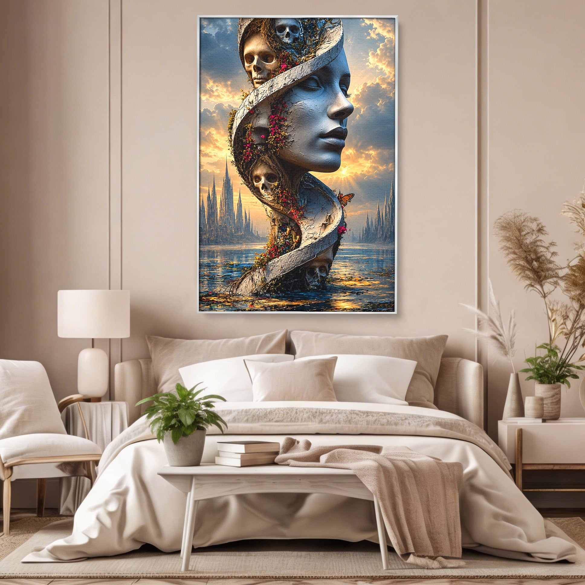 Tablou Canvas Premium LuxCanva® U1093, Chipul Naturii Metamorfozate, Craniu, Fluturi, Fantezie, Chip, Living, Culori Vibrante