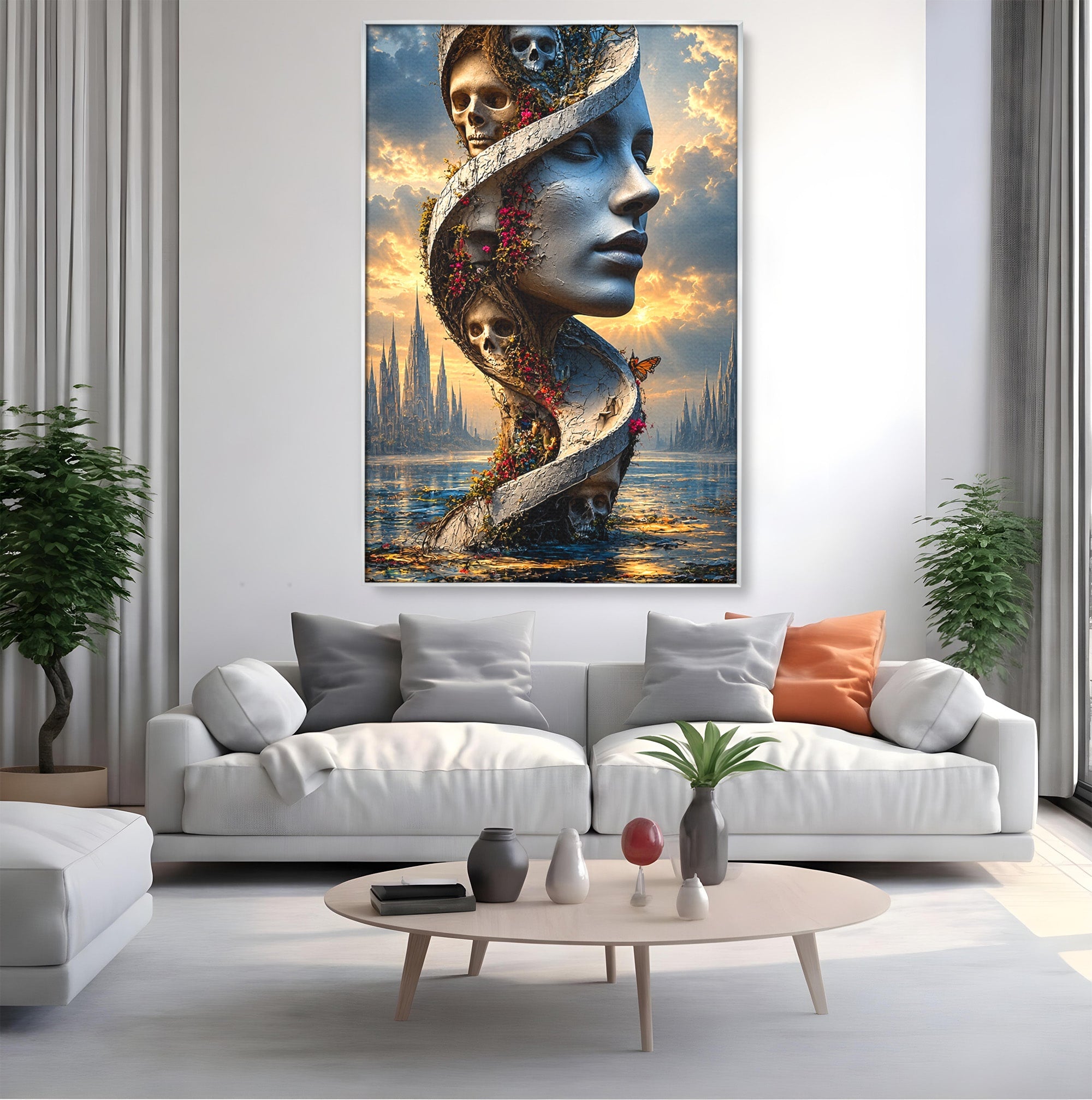 Tablou Canvas Premium LuxCanva® U1093, Chipul Naturii Metamorfozate, Craniu, Fluturi, Fantezie, Chip, Living, Culori Vibrante