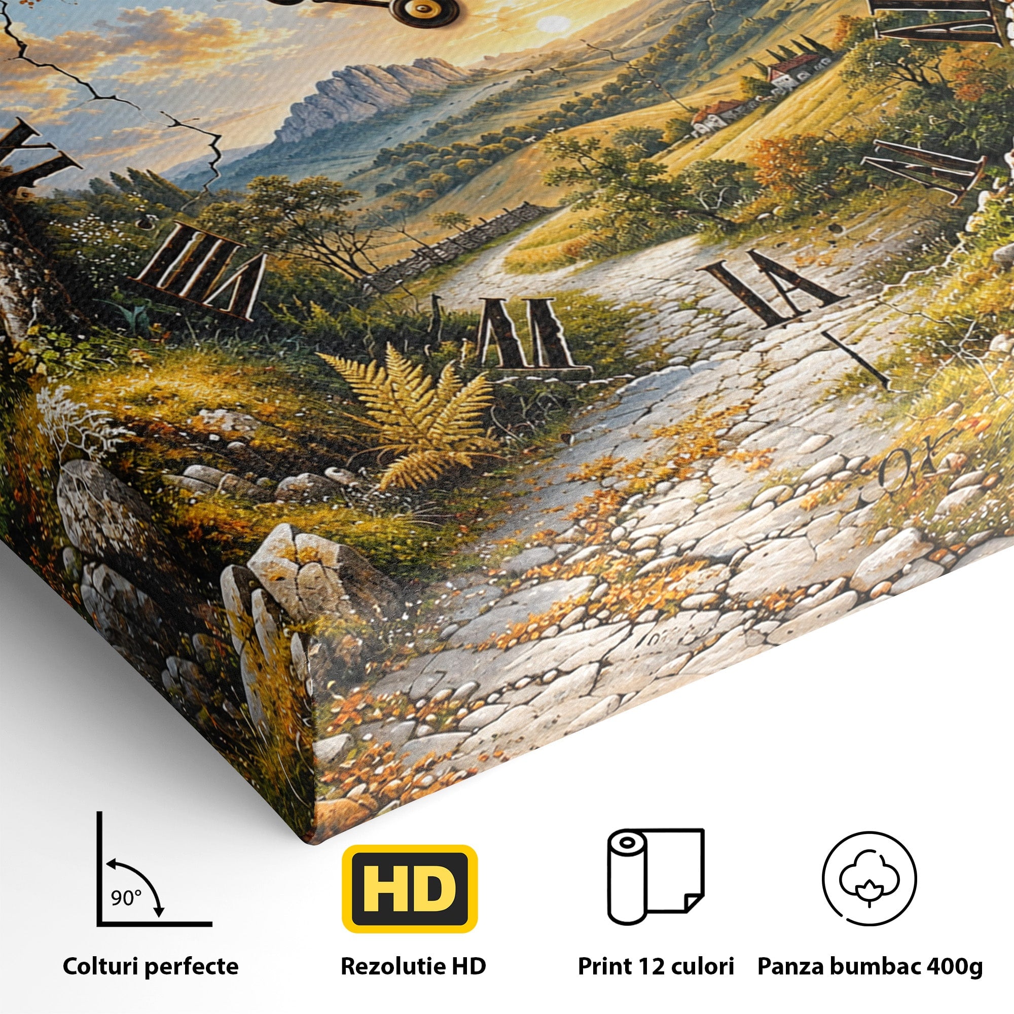 Tablou Canvas Premium LuxCanva® U1094, Peisaj Rustic Cu Ceas, Natura, Timp, Peisaj, Ceas, Living, Culori Vibrante