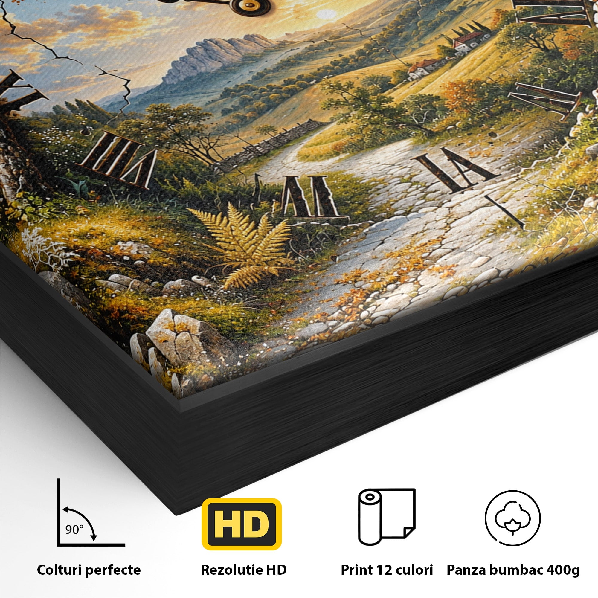 Tablou Canvas Premium LuxCanva® U1094, Peisaj Rustic Cu Ceas, Natura, Timp, Peisaj, Ceas, Living, Culori Vibrante