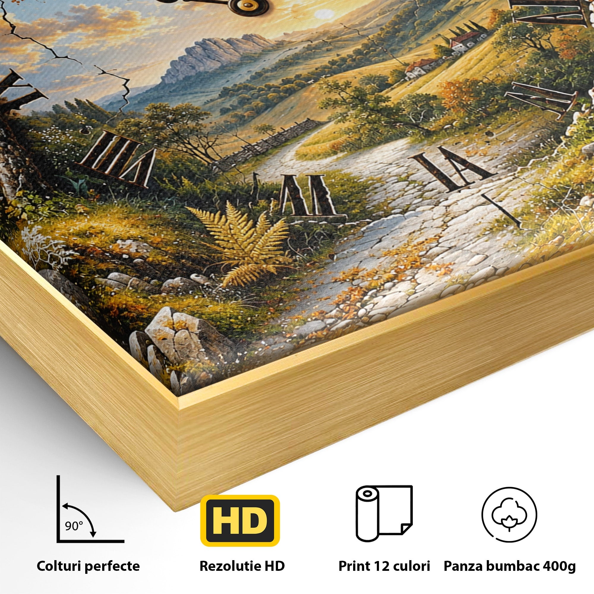 Tablou Canvas Premium LuxCanva® U1094, Peisaj Rustic Cu Ceas, Natura, Timp, Peisaj, Ceas, Living, Culori Vibrante