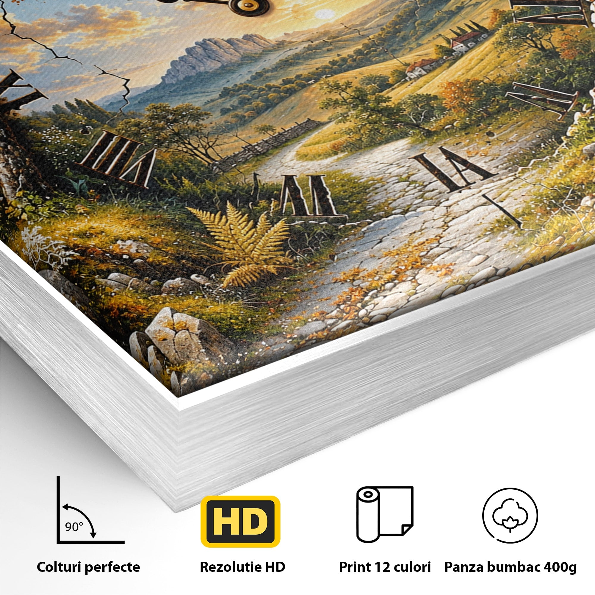 Tablou Canvas Premium LuxCanva® U1094, Peisaj Rustic Cu Ceas, Natura, Timp, Peisaj, Ceas, Living, Culori Vibrante