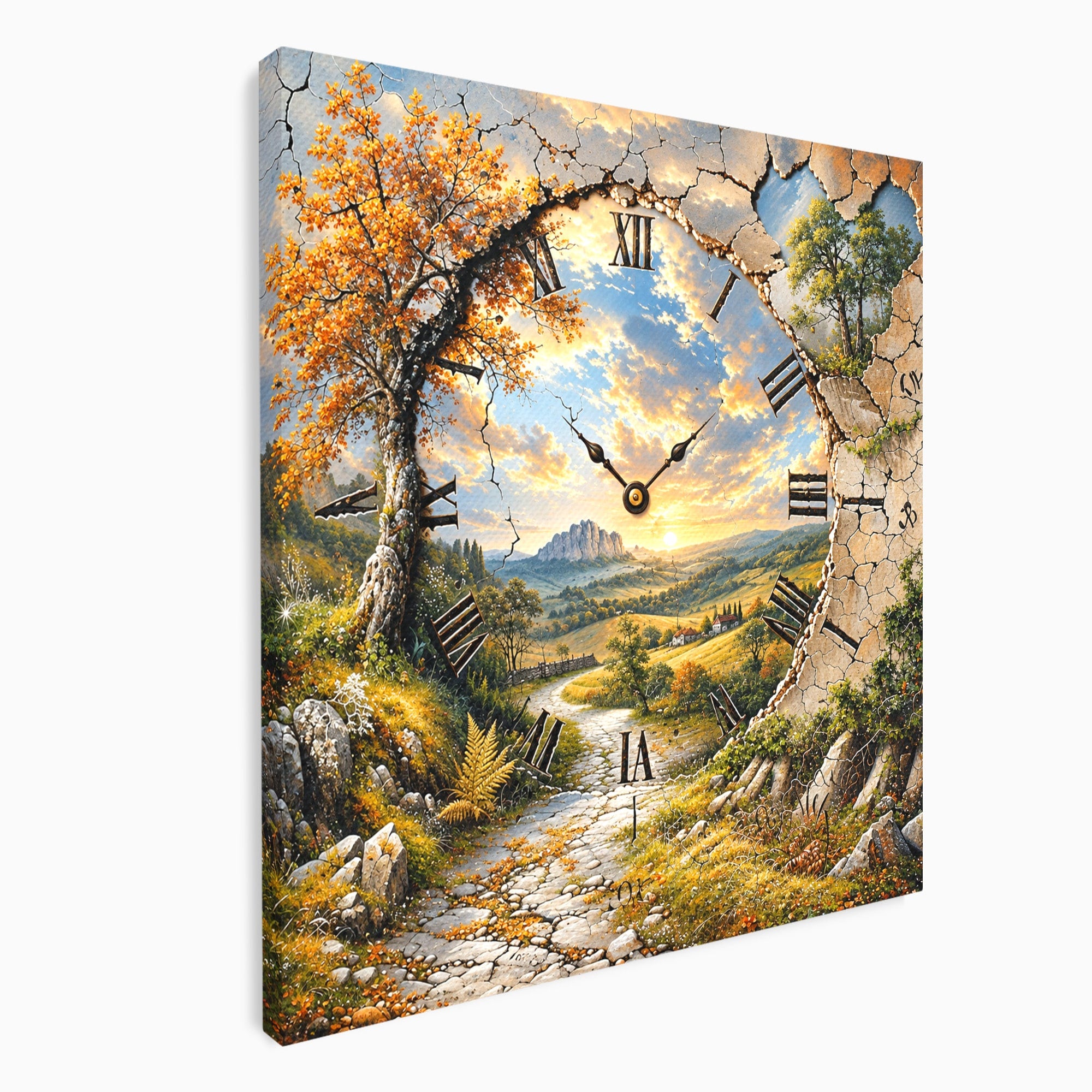 Tablou Canvas Premium LuxCanva® U1094, Peisaj Rustic Cu Ceas, Natura, Timp, Peisaj, Ceas, Living, Culori Vibrante