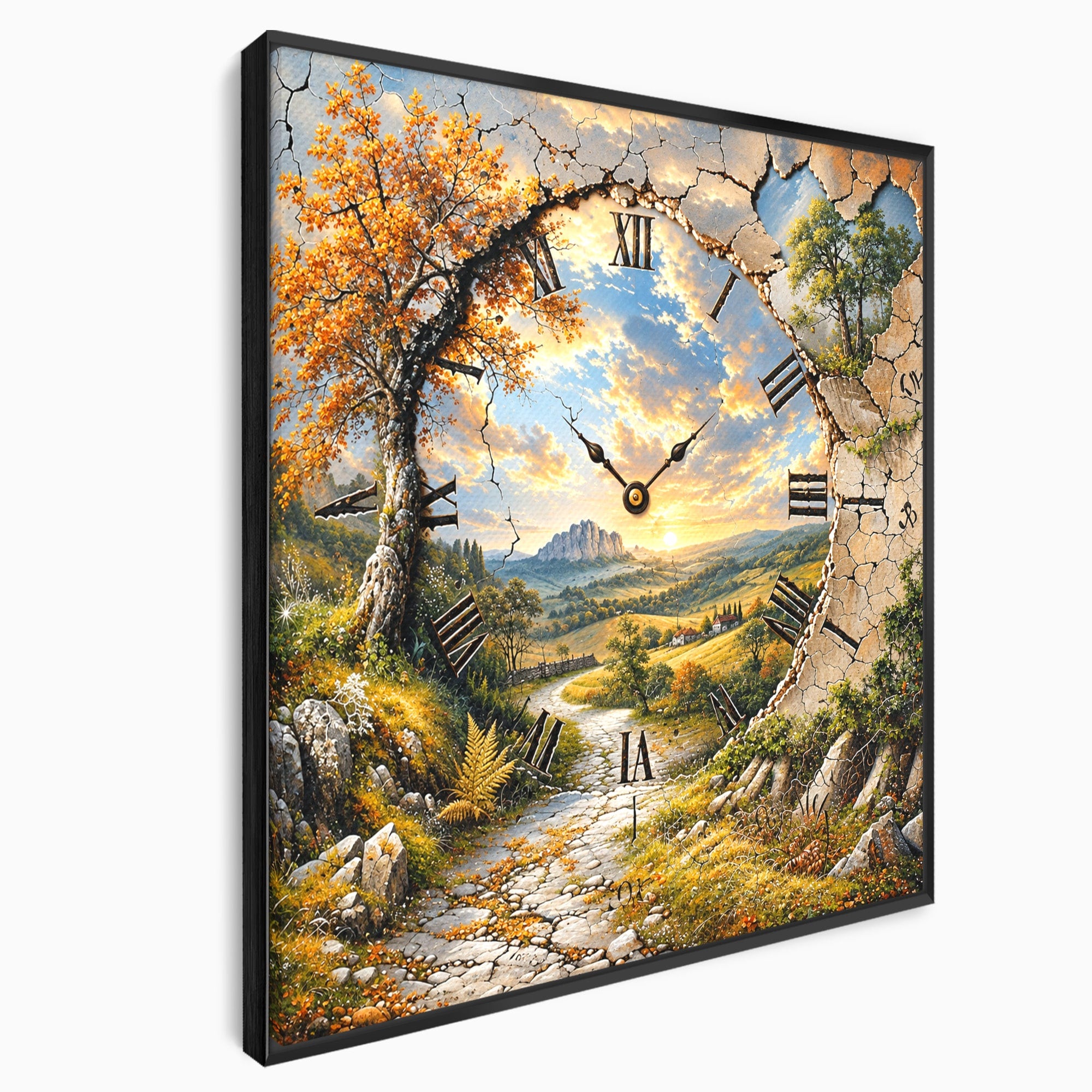 Tablou Canvas Premium LuxCanva® U1094, Peisaj Rustic Cu Ceas, Natura, Timp, Peisaj, Ceas, Living, Culori Vibrante