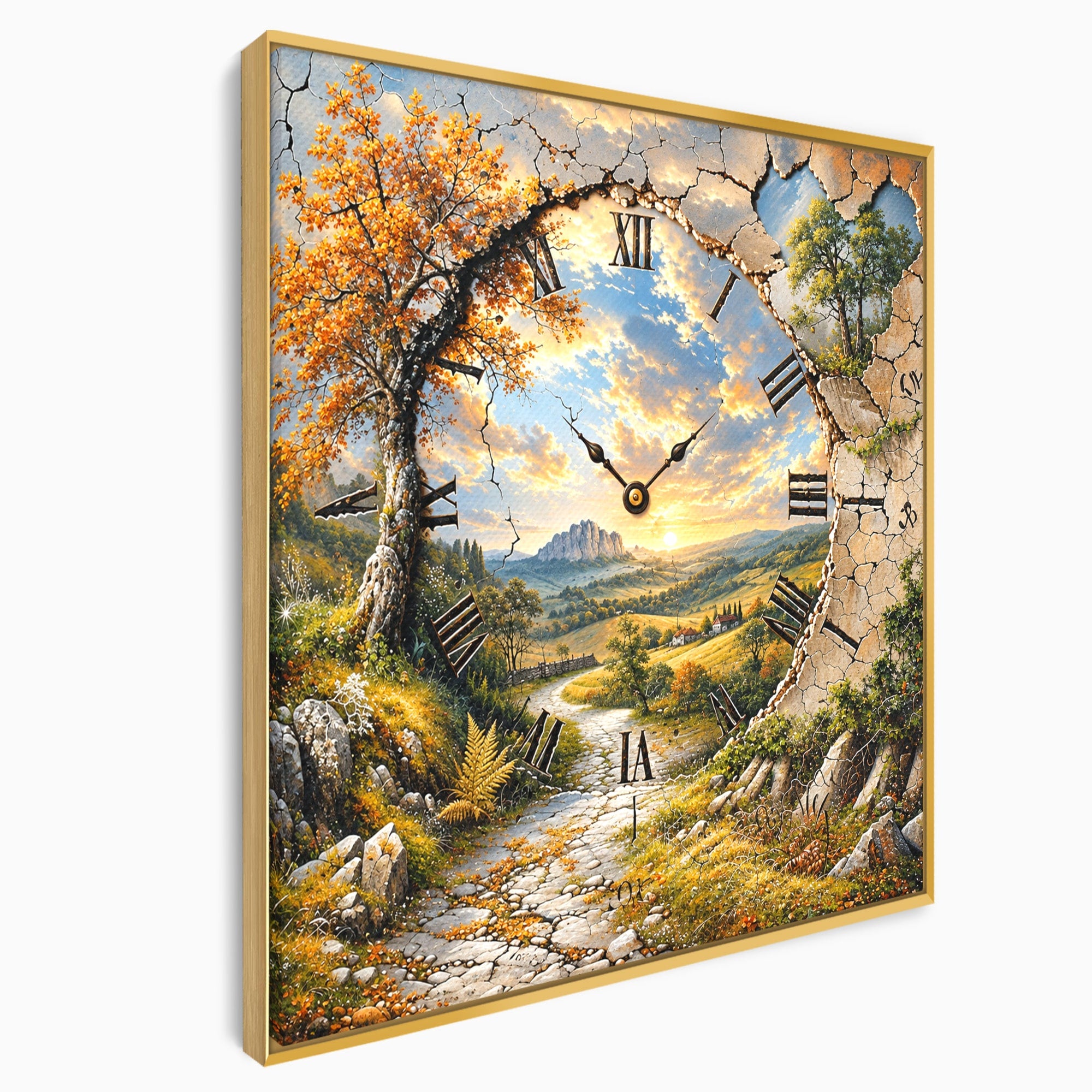 Tablou Canvas Premium LuxCanva® U1094, Peisaj Rustic Cu Ceas, Natura, Timp, Peisaj, Ceas, Living, Culori Vibrante