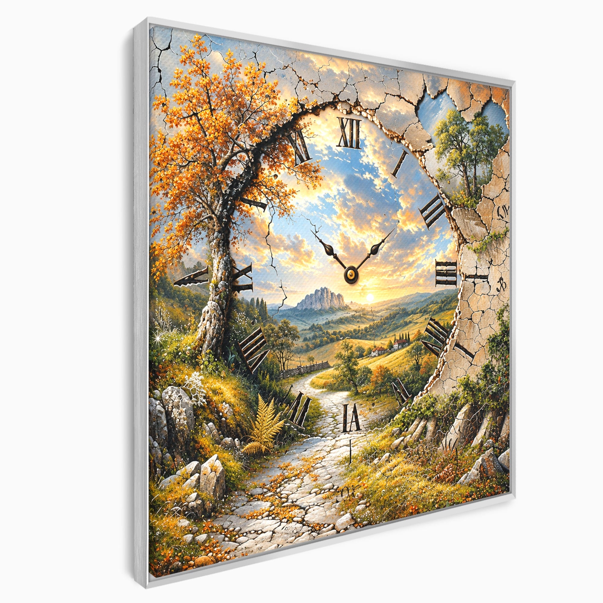 Tablou Canvas Premium LuxCanva® U1094, Peisaj Rustic Cu Ceas, Natura, Timp, Peisaj, Ceas, Living, Culori Vibrante