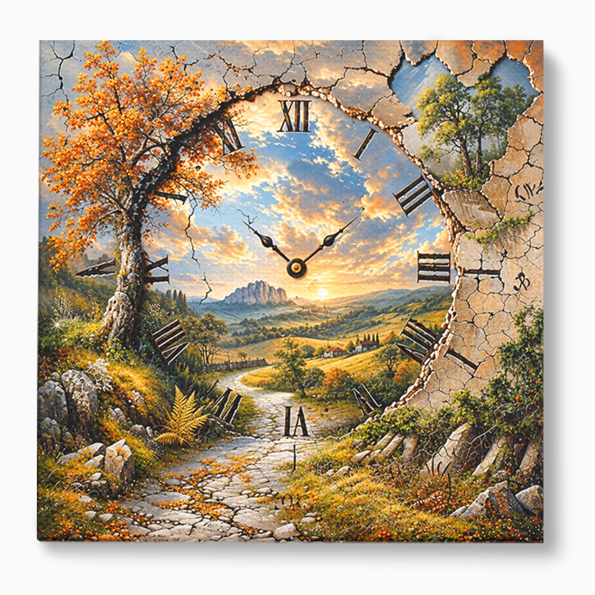 Tablou Canvas Premium LuxCanva® U1094, Peisaj Rustic Cu Ceas, Natura, Timp, Peisaj, Ceas, Living, Culori Vibrante