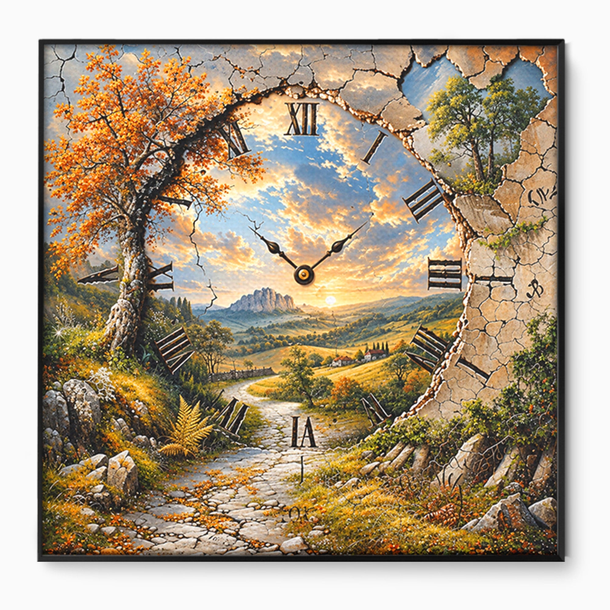 Tablou Canvas Premium LuxCanva® U1094, Peisaj Rustic Cu Ceas, Natura, Timp, Peisaj, Ceas, Living, Culori Vibrante