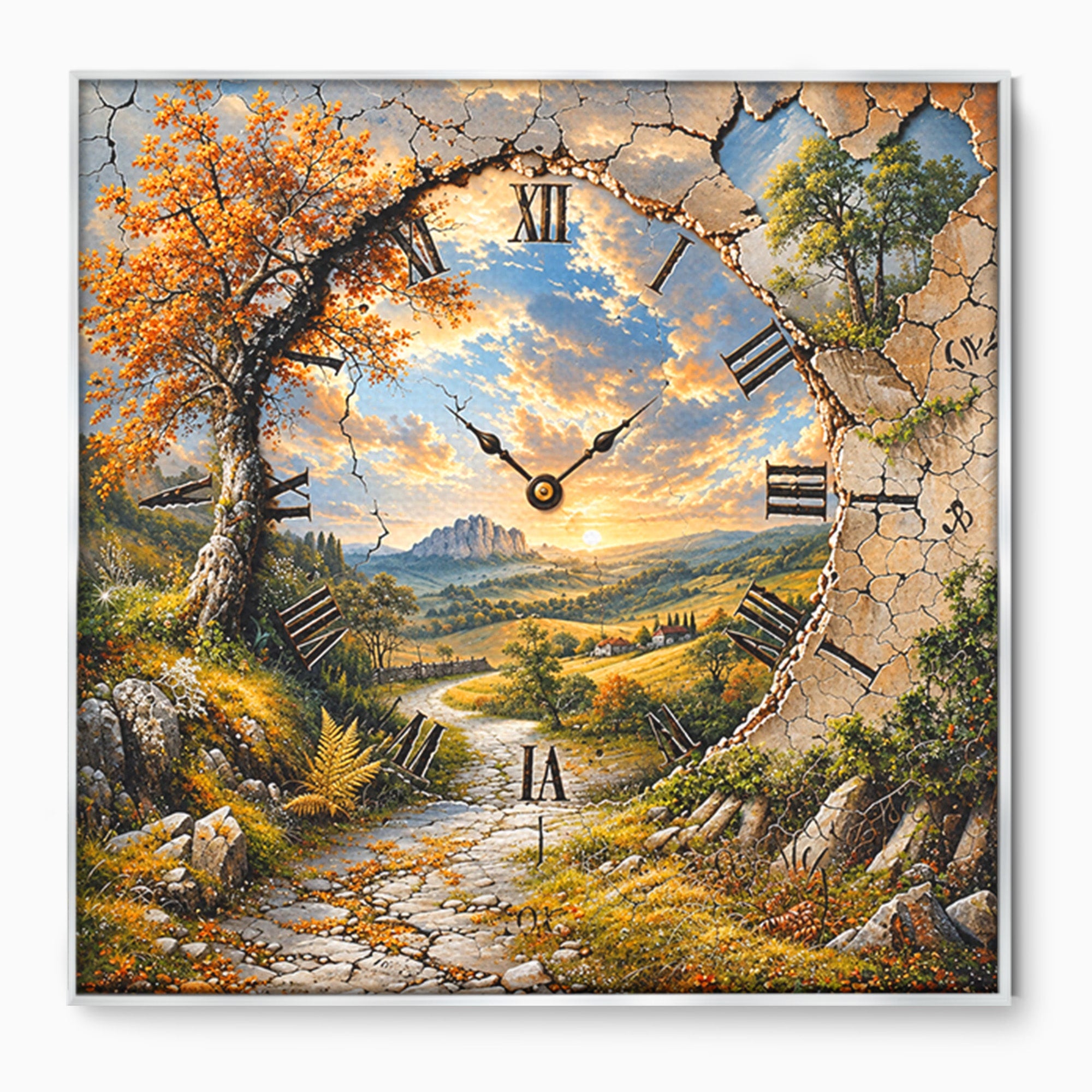 Tablou Canvas Premium LuxCanva® U1094, Peisaj Rustic Cu Ceas, Natura, Timp, Peisaj, Ceas, Living, Culori Vibrante