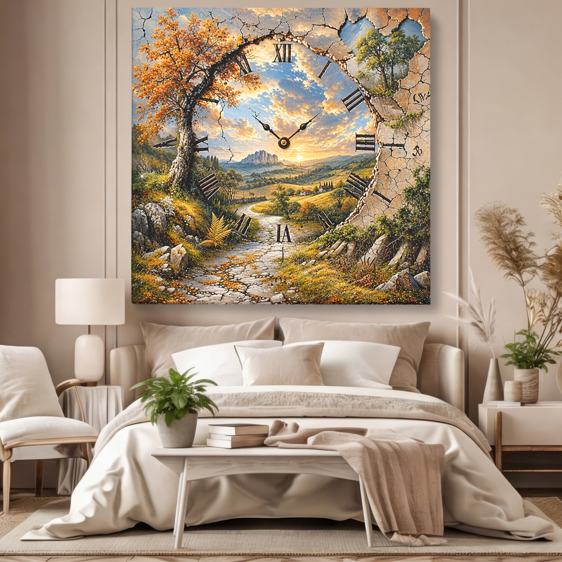 Tablou Canvas Premium LuxCanva® U1094, Peisaj Rustic Cu Ceas, Natura, Timp, Peisaj, Ceas, Living, Culori Vibrante