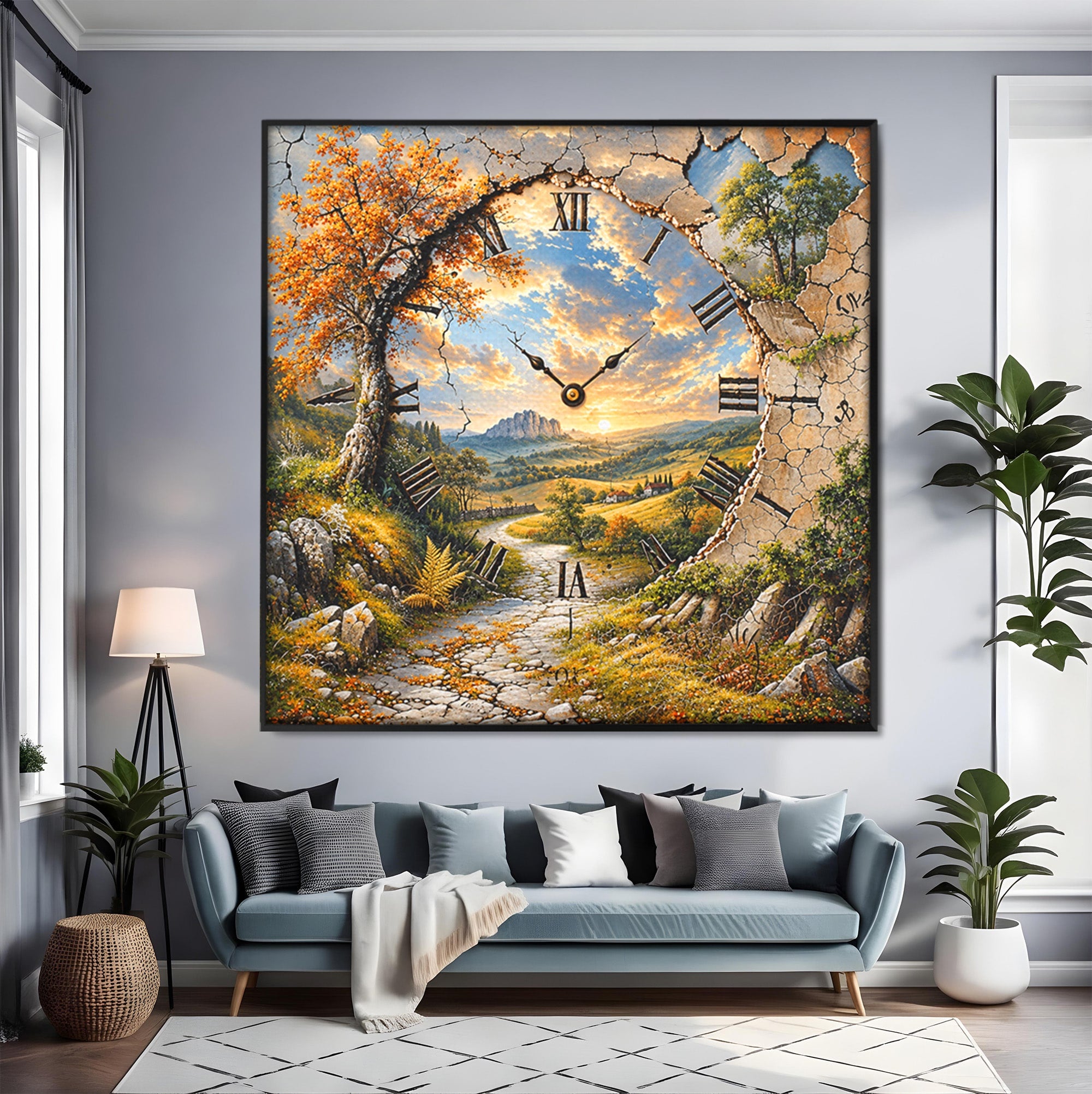Tablou Canvas Premium LuxCanva® U1094, Peisaj Rustic Cu Ceas, Natura, Timp, Peisaj, Ceas, Living, Culori Vibrante
