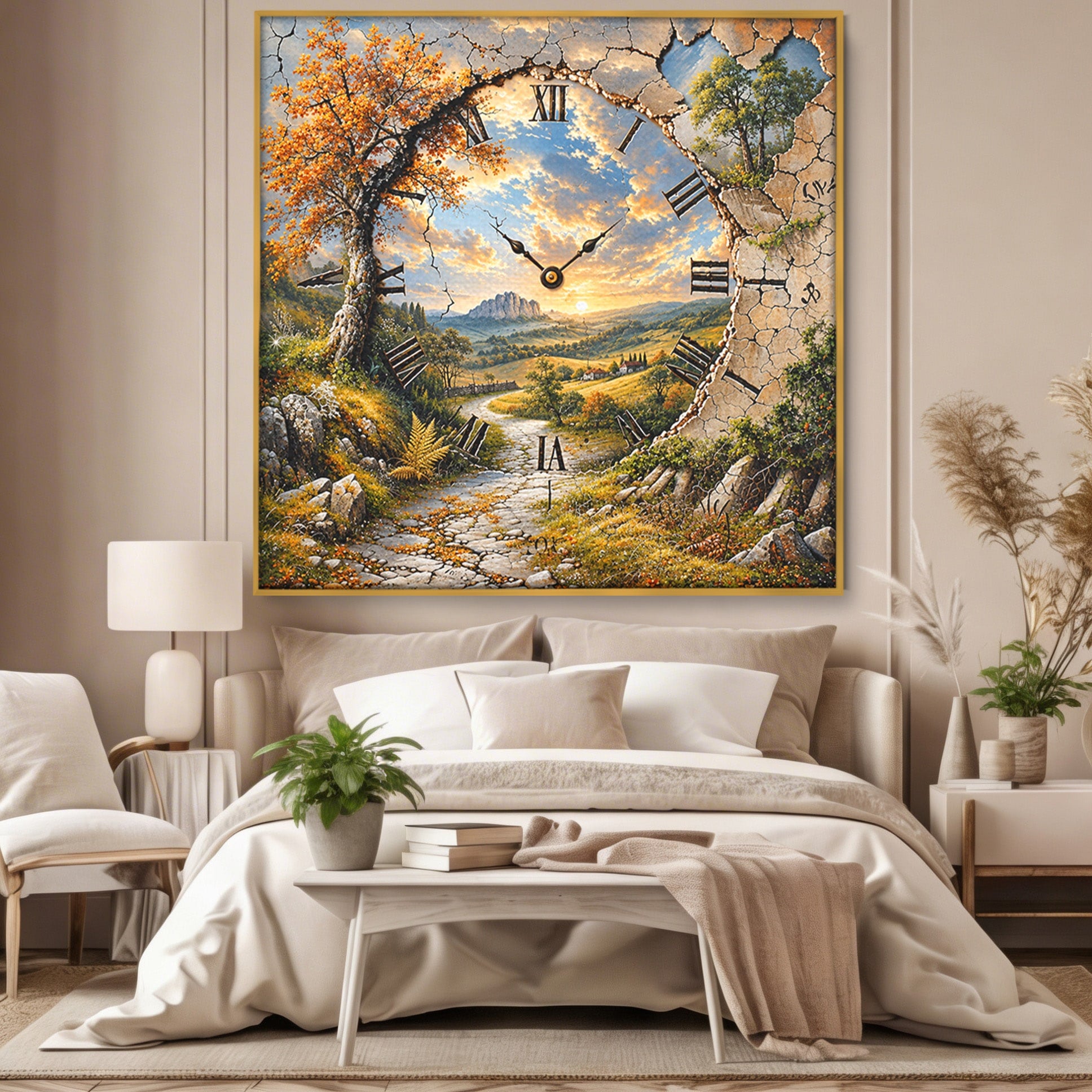 Tablou Canvas Premium LuxCanva® U1094, Peisaj Rustic Cu Ceas, Natura, Timp, Peisaj, Ceas, Living, Culori Vibrante