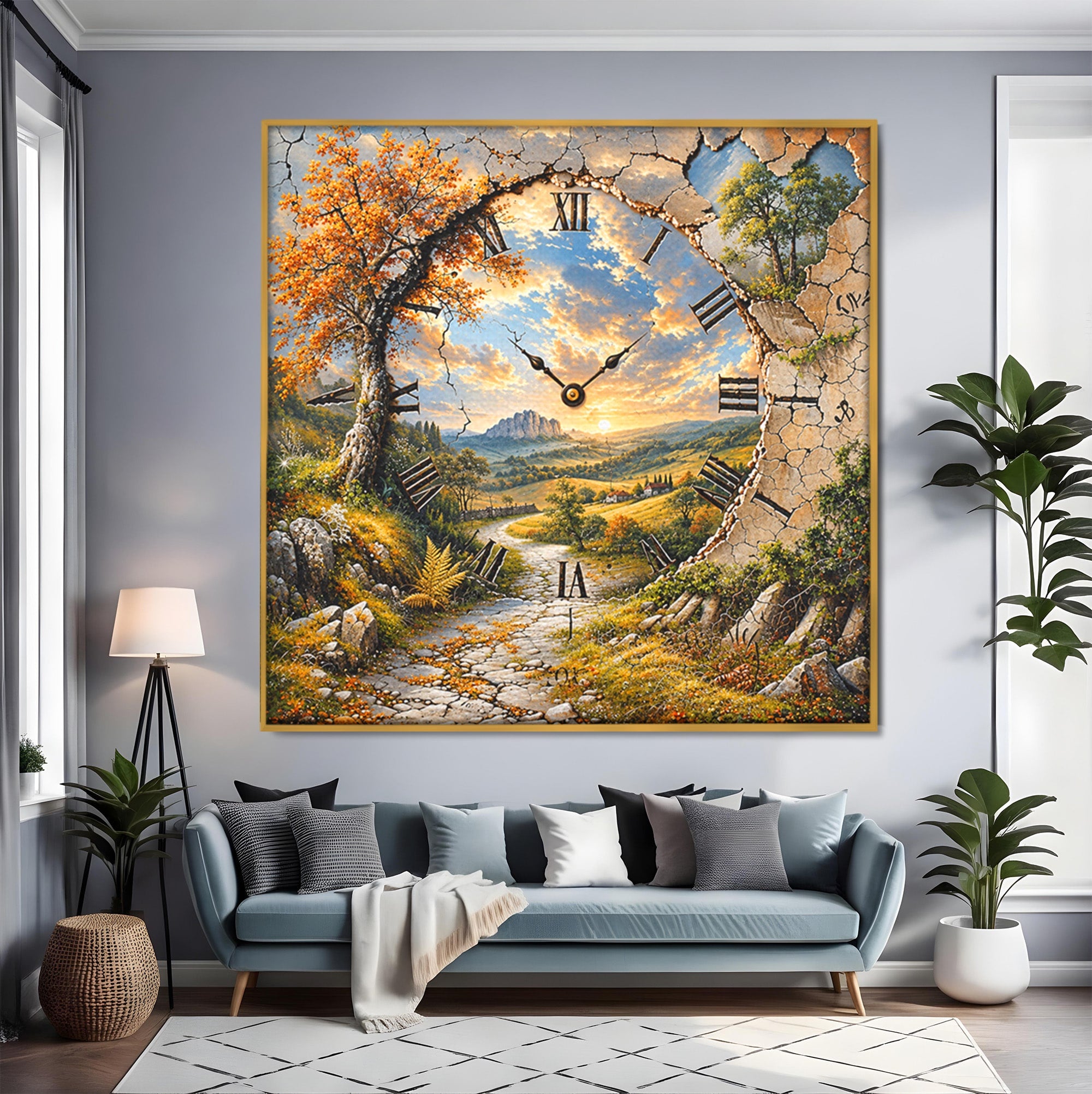 Tablou Canvas Premium LuxCanva® U1094, Peisaj Rustic Cu Ceas, Natura, Timp, Peisaj, Ceas, Living, Culori Vibrante
