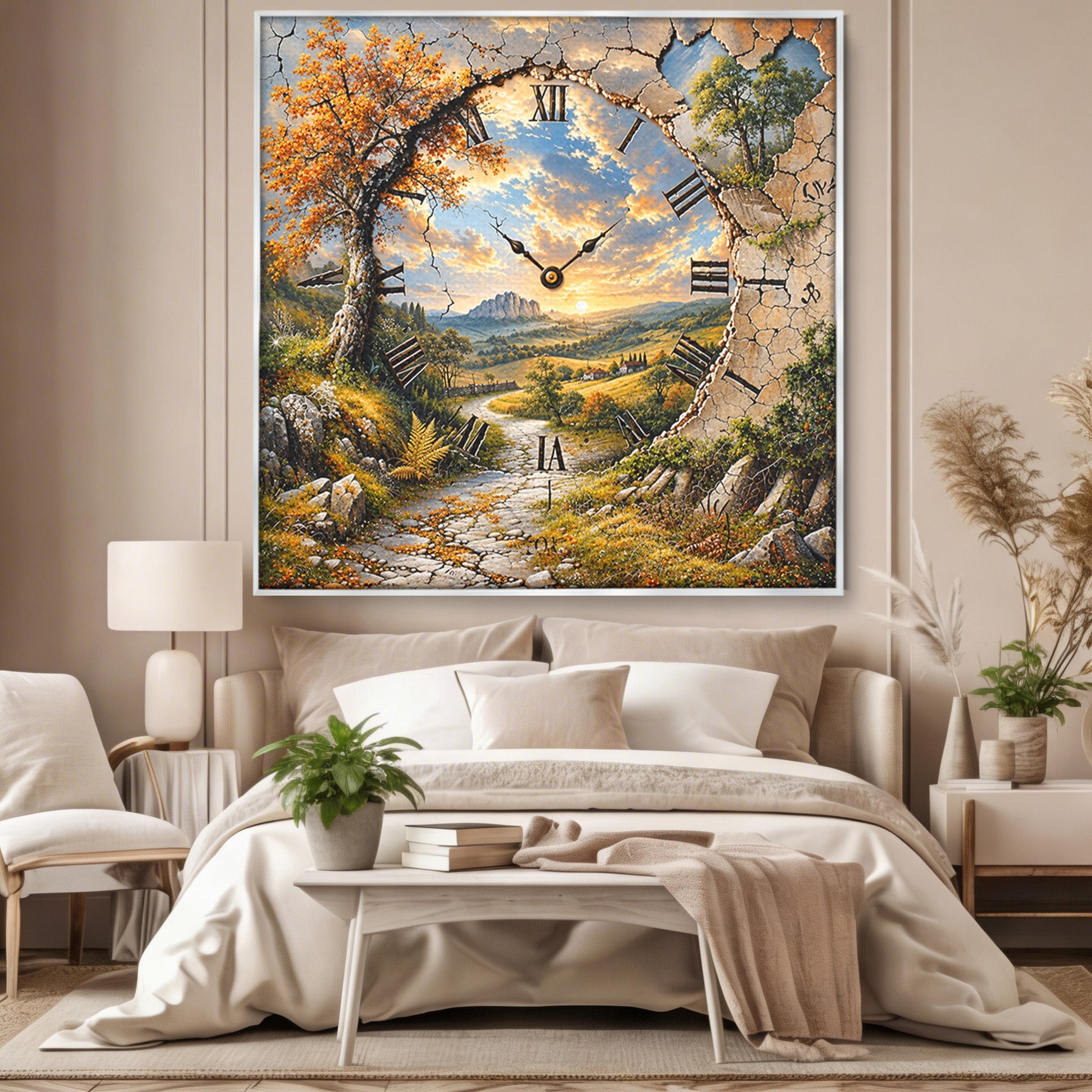Tablou Canvas Premium LuxCanva® U1094, Peisaj Rustic Cu Ceas, Natura, Timp, Peisaj, Ceas, Living, Culori Vibrante