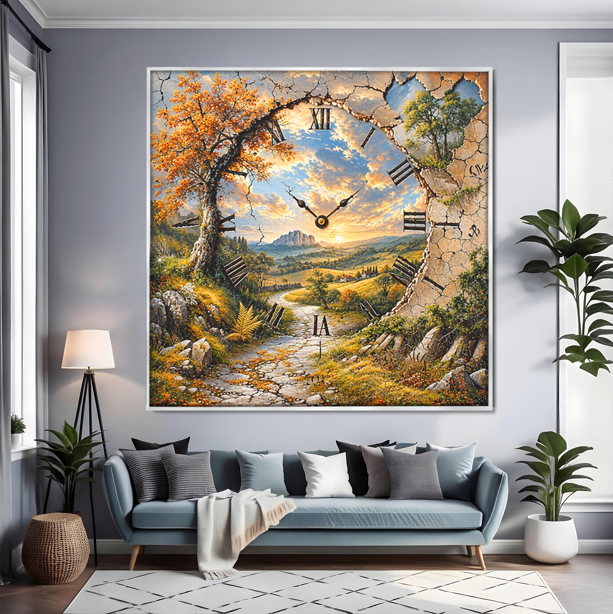 Tablou Canvas Premium LuxCanva® U1094, Peisaj Rustic Cu Ceas, Natura, Timp, Peisaj, Ceas, Living, Culori Vibrante