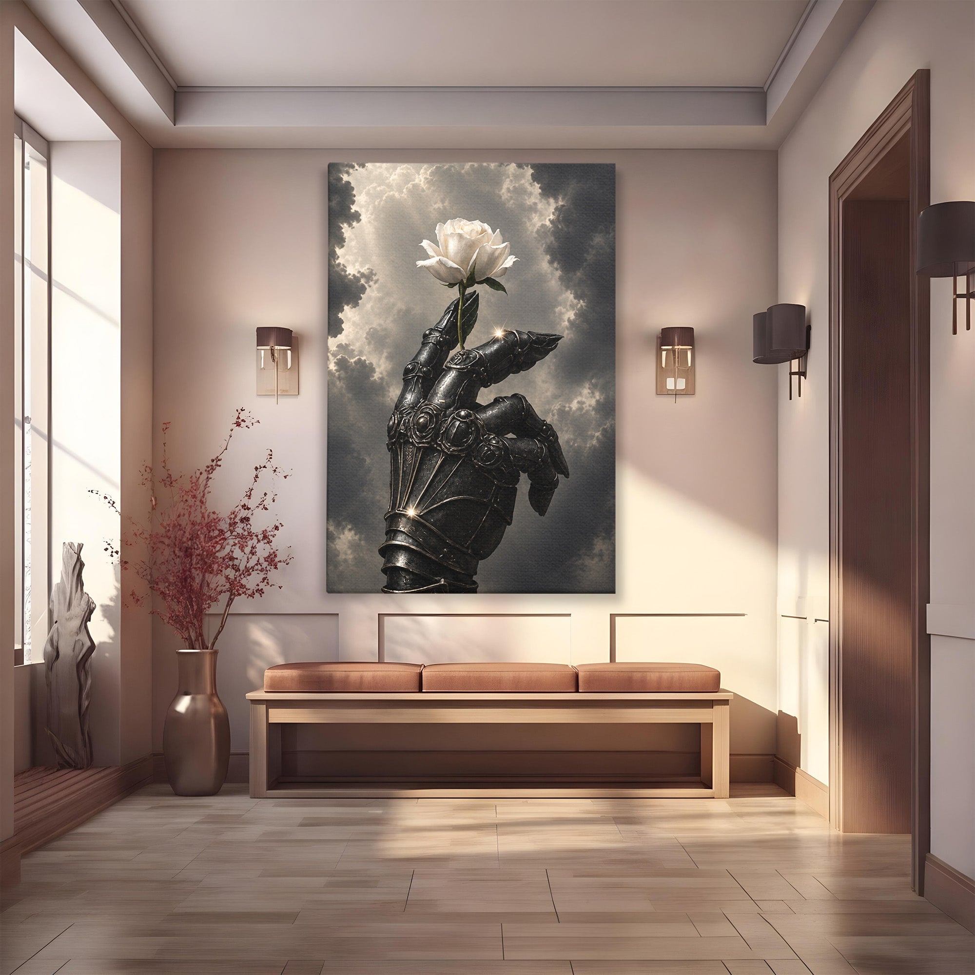 Tablou Canvas Premium LuxCanva® U1098, Mana De Fier Si Floarea, Cavaler, Natura, Mana, Floare, Dormitor, Living, Culori Vibrante