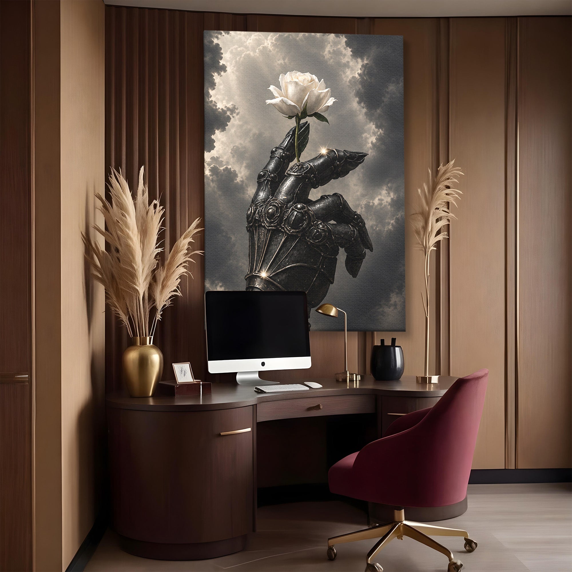 Tablou Canvas Premium LuxCanva® U1098, Mana De Fier Si Floarea, Cavaler, Natura, Mana, Floare, Dormitor, Living, Culori Vibrante