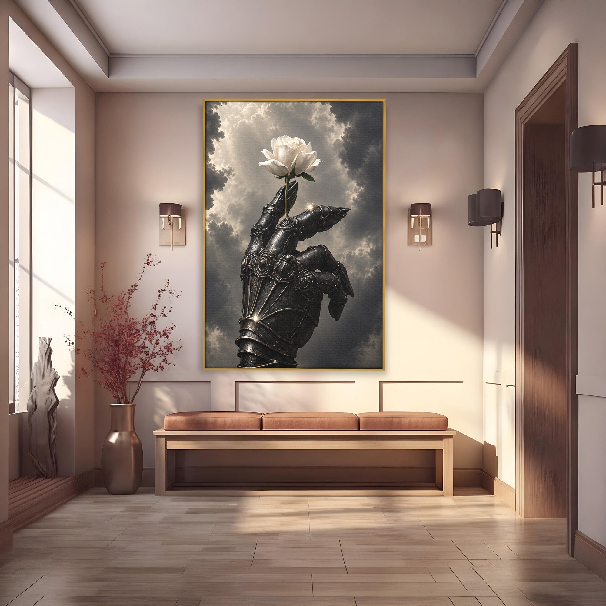 Tablou Canvas Premium LuxCanva® U1098, Mana De Fier Si Floarea, Cavaler, Natura, Mana, Floare, Dormitor, Living, Culori Vibrante