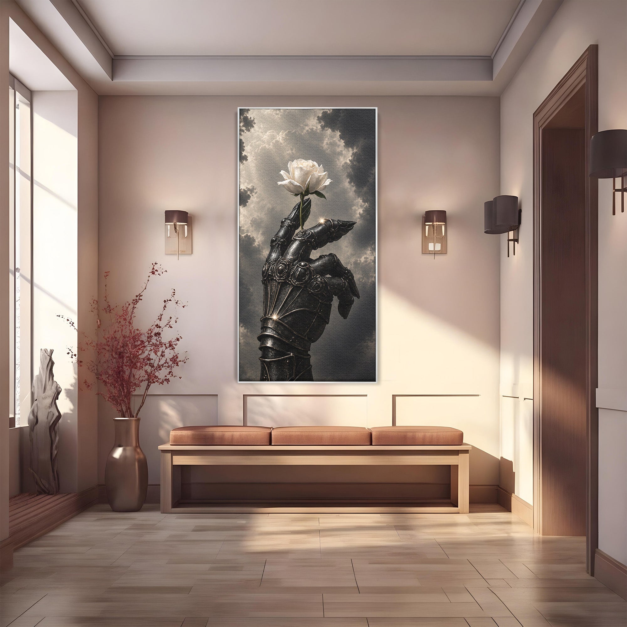 Tablou Canvas Premium LuxCanva® U1098, Mana De Fier Si Floarea, Cavaler, Natura, Mana, Floare, Dormitor, Living, Culori Vibrante