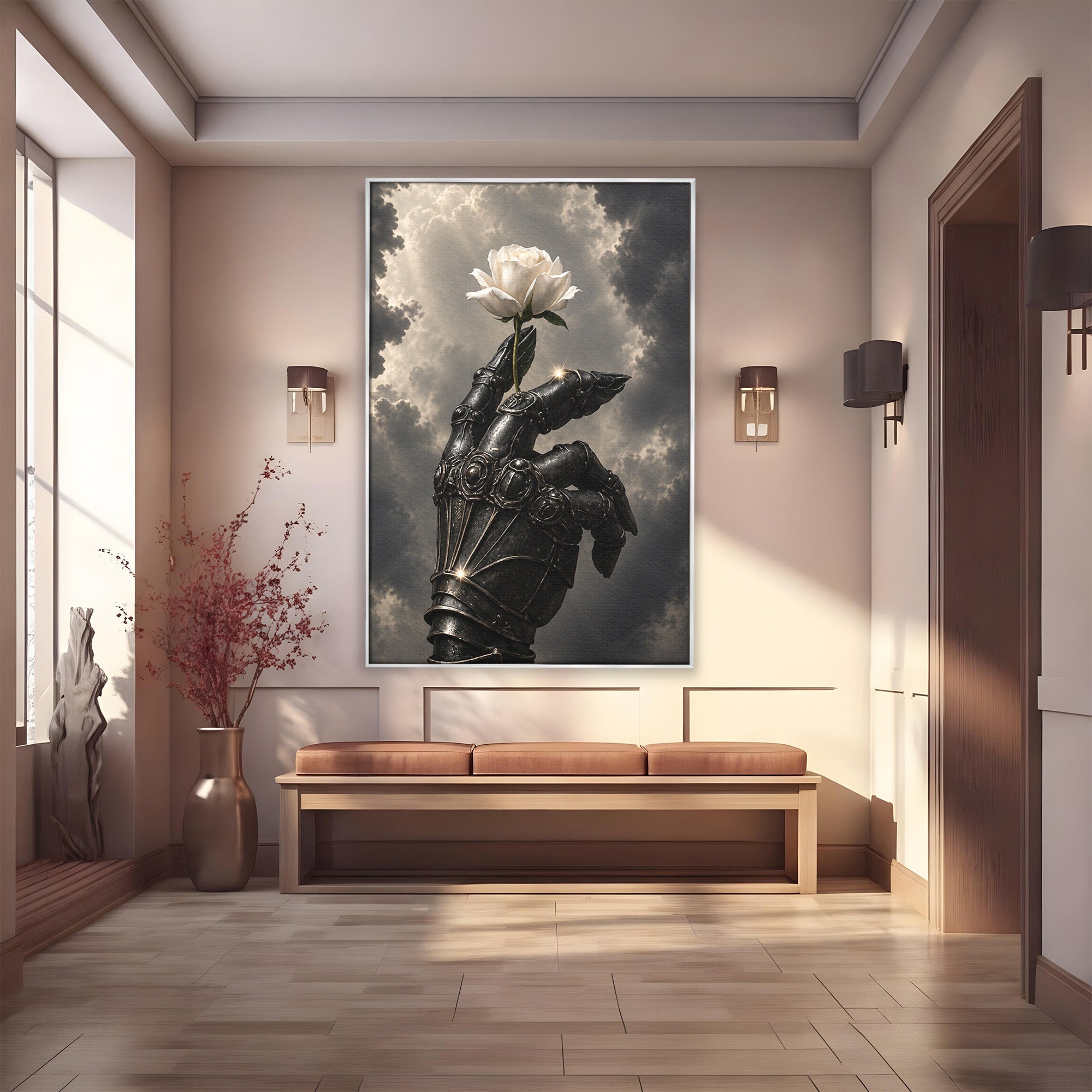 Tablou Canvas Premium LuxCanva® U1098, Mana De Fier Si Floarea, Cavaler, Natura, Mana, Floare, Dormitor, Living, Culori Vibrante