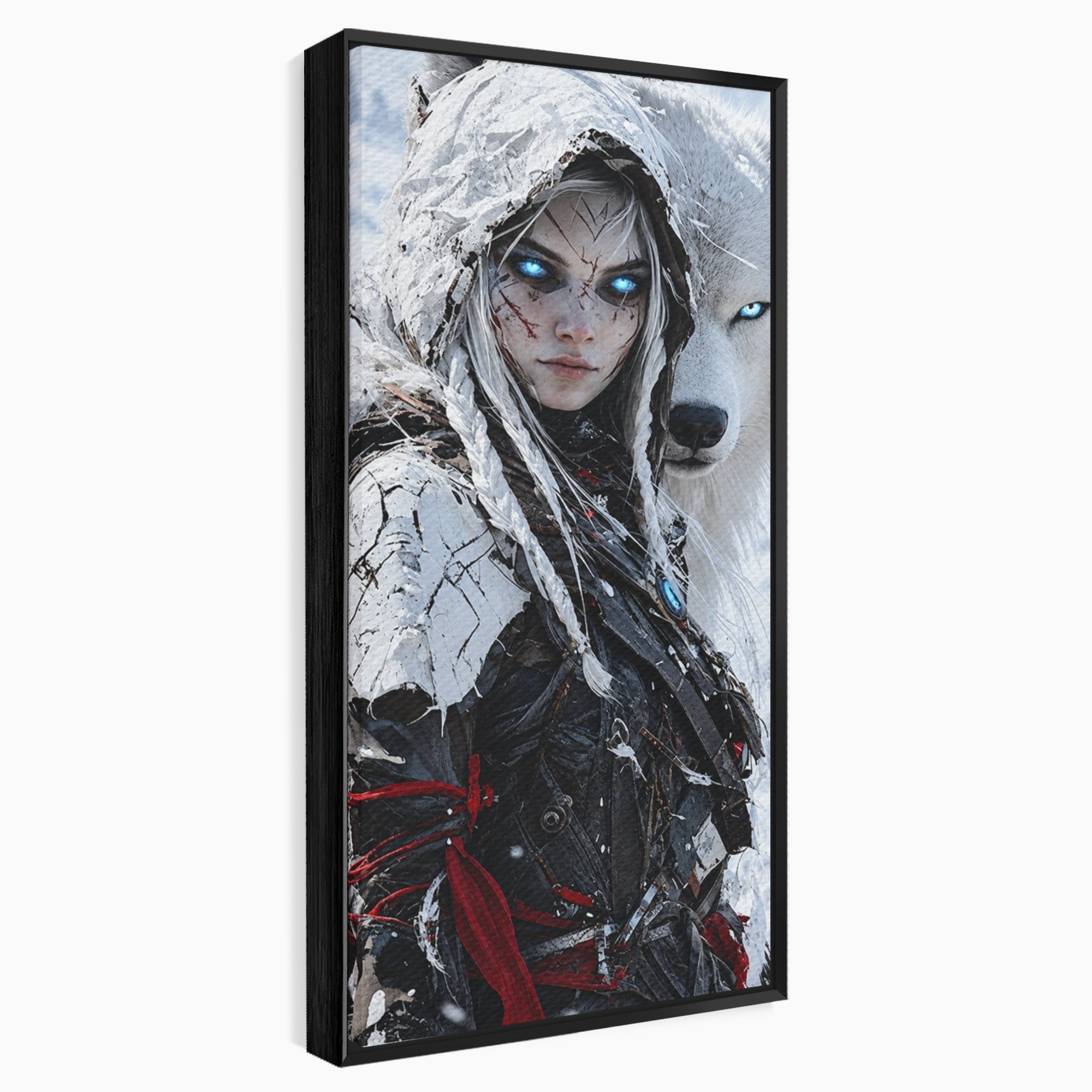 Tablou Canvas Premium LuxCanva® U1103, Razboinica Si Lupul Alb, Lup, Fantezie, Mister, Femeie, Razboinica, Dormitor, Culori Vibrante