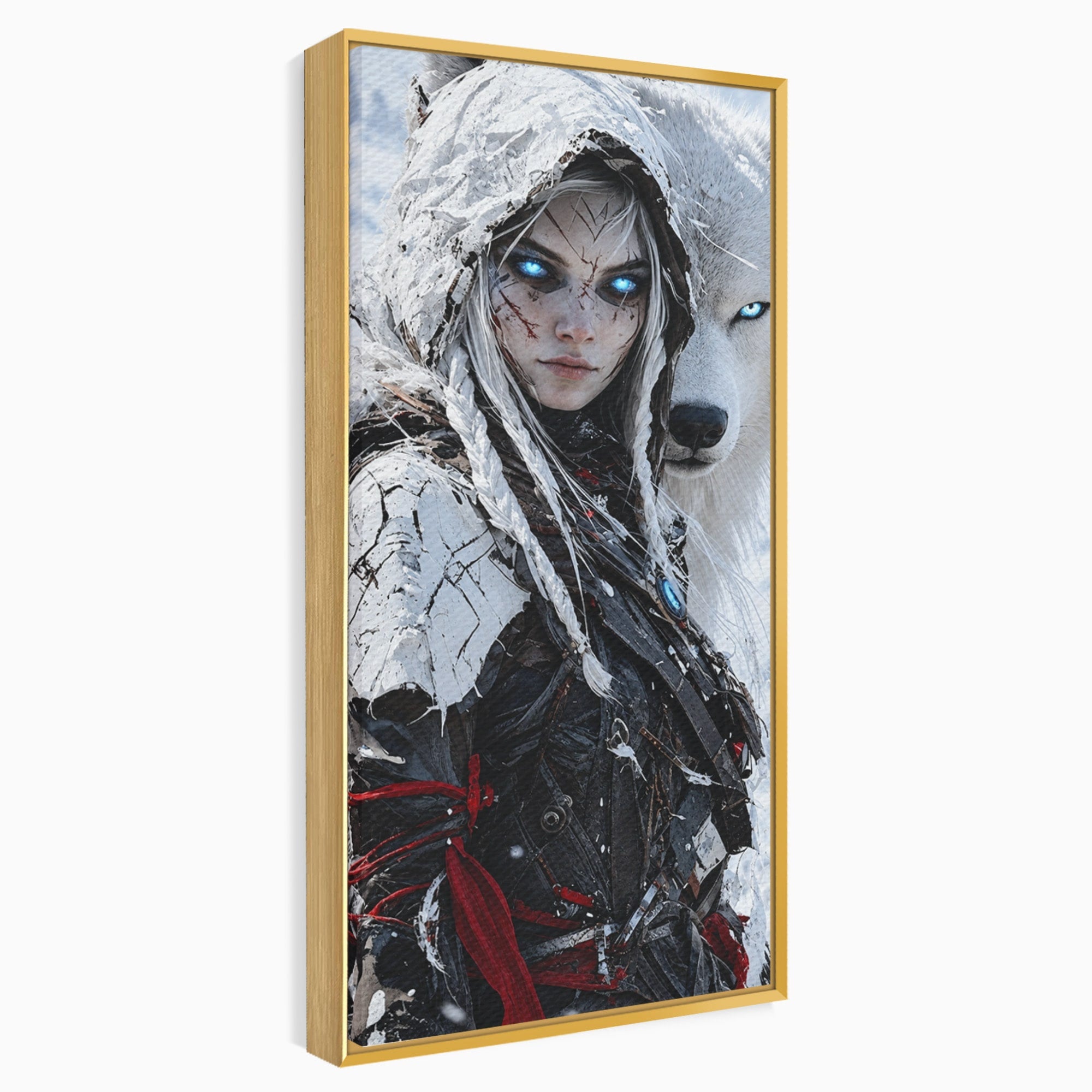 Tablou Canvas Premium LuxCanva® U1103, Razboinica Si Lupul Alb, Lup, Fantezie, Mister, Femeie, Razboinica, Dormitor, Culori Vibrante