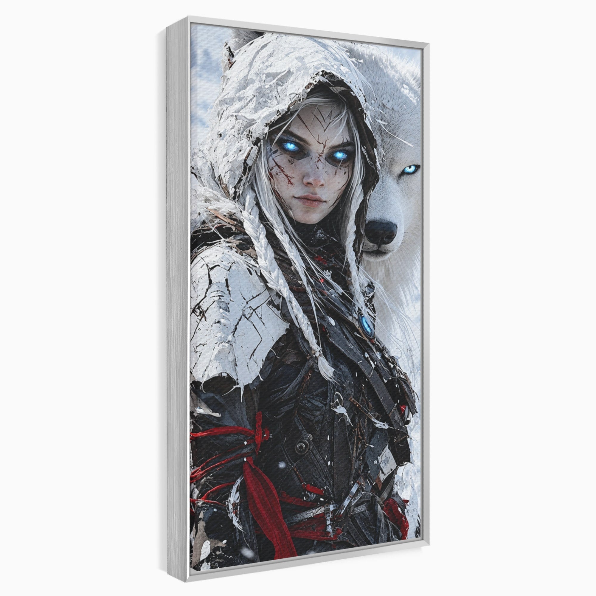 Tablou Canvas Premium LuxCanva® U1103, Razboinica Si Lupul Alb, Lup, Fantezie, Mister, Femeie, Razboinica, Dormitor, Culori Vibrante
