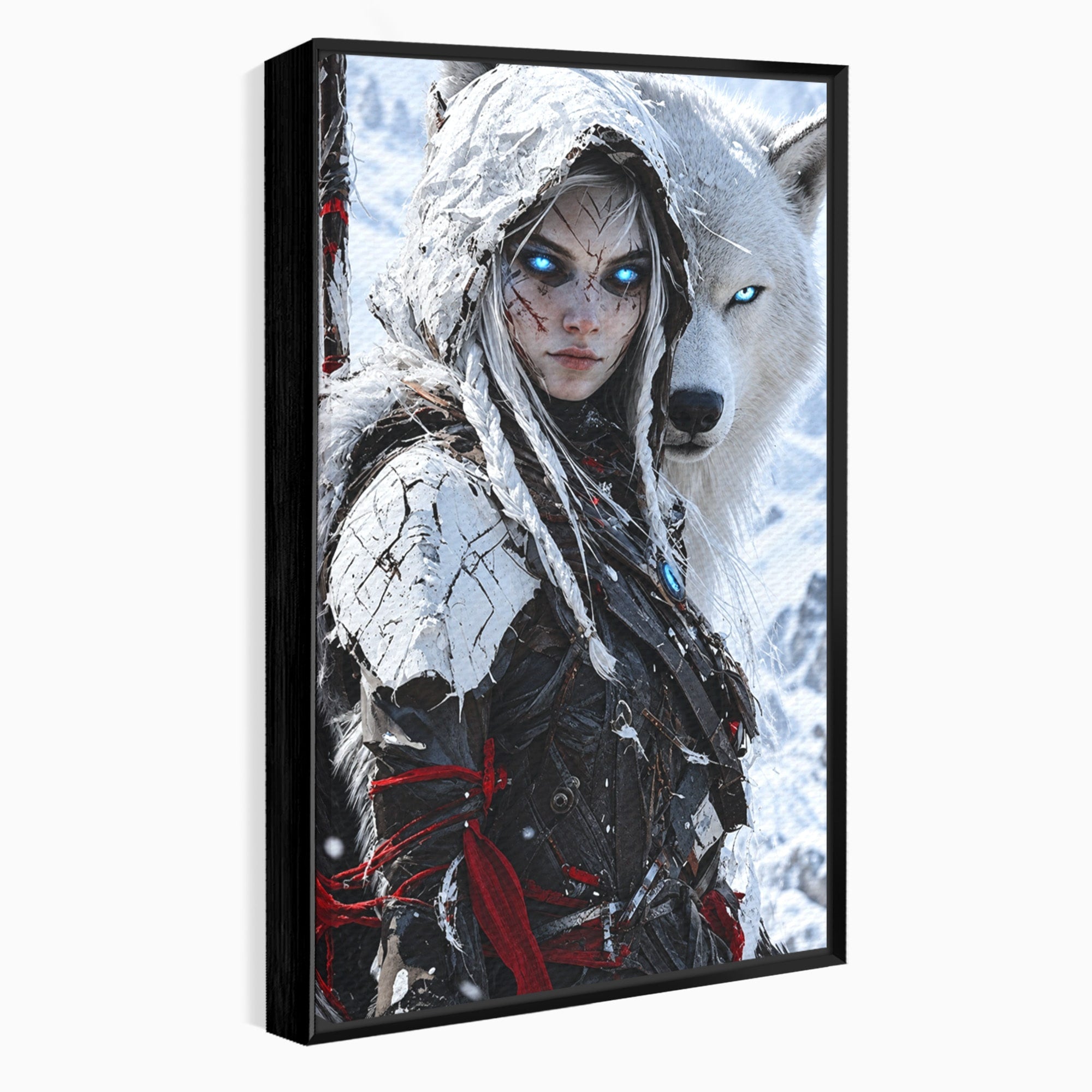 Tablou Canvas Premium LuxCanva® U1103, Razboinica Si Lupul Alb, Lup, Fantezie, Mister, Femeie, Razboinica, Dormitor, Culori Vibrante
