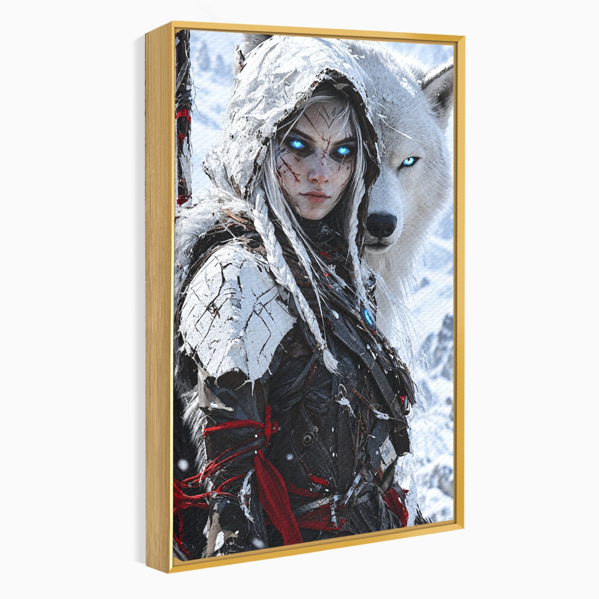 Tablou Canvas Premium LuxCanva® U1103, Razboinica Si Lupul Alb, Lup, Fantezie, Mister, Femeie, Razboinica, Dormitor, Culori Vibrante
